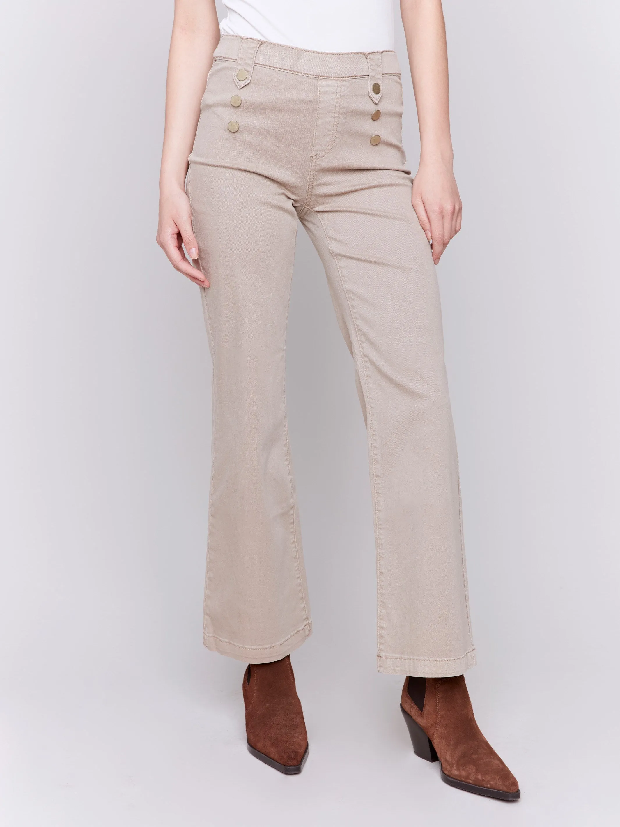 Pull-On Flare Twill Pants with Front Buttons - Almond