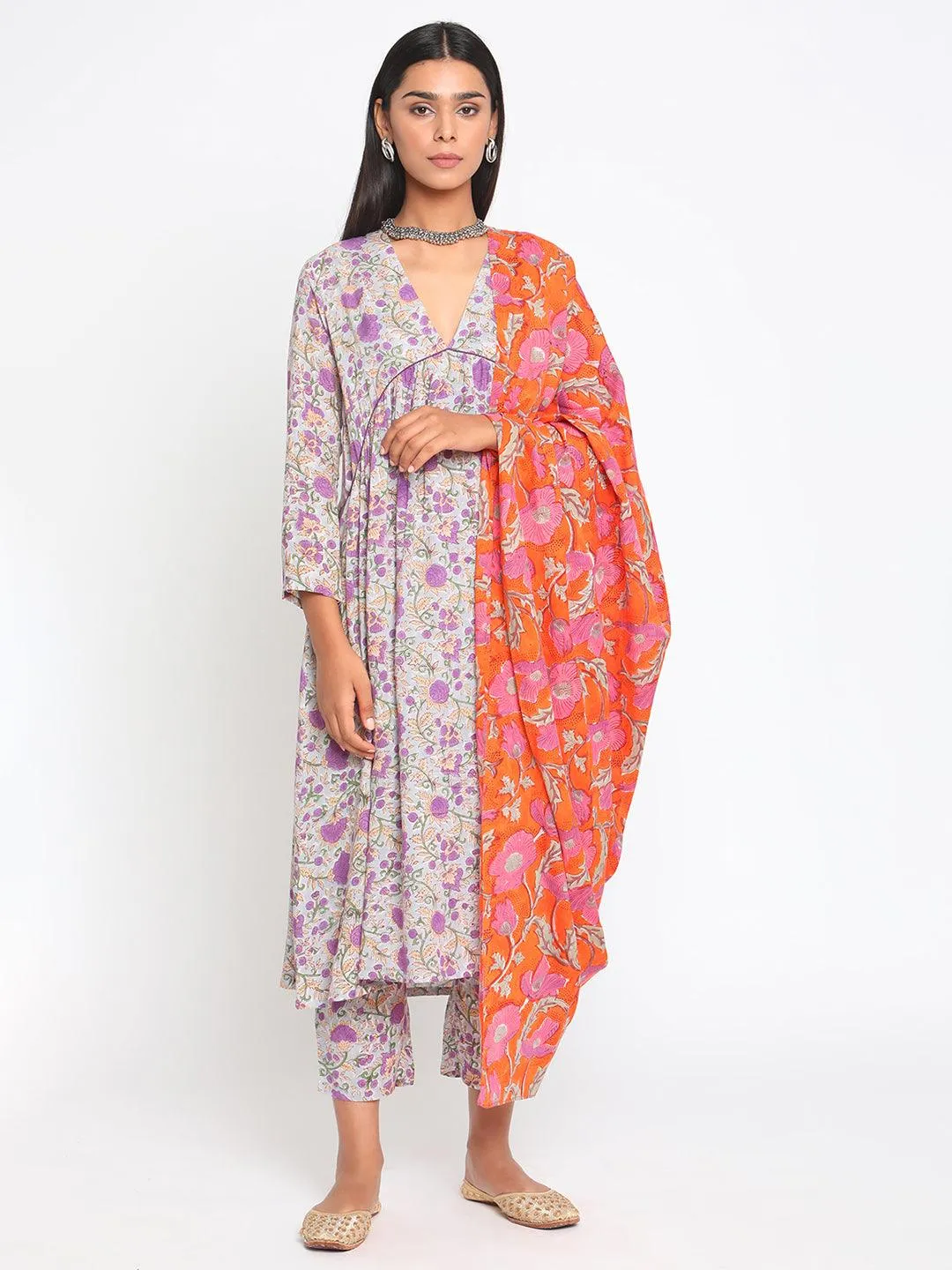 Purple Hand Block Printed Flared Silk Kurta Pant Dupatta Set