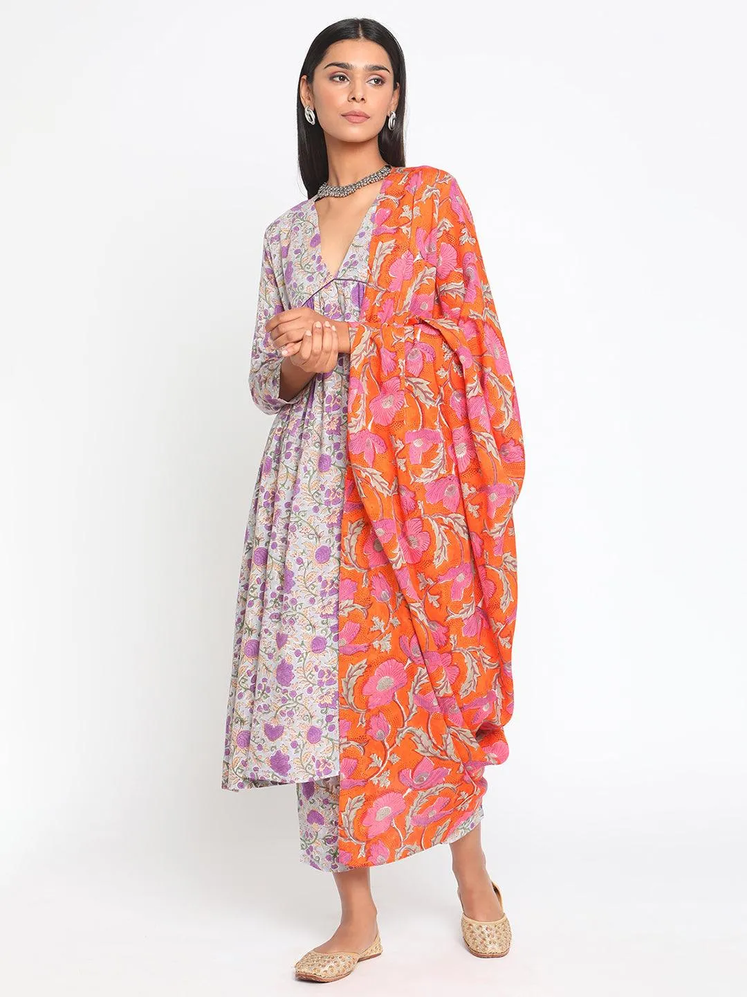 Purple Hand Block Printed Flared Silk Kurta Pant Dupatta Set