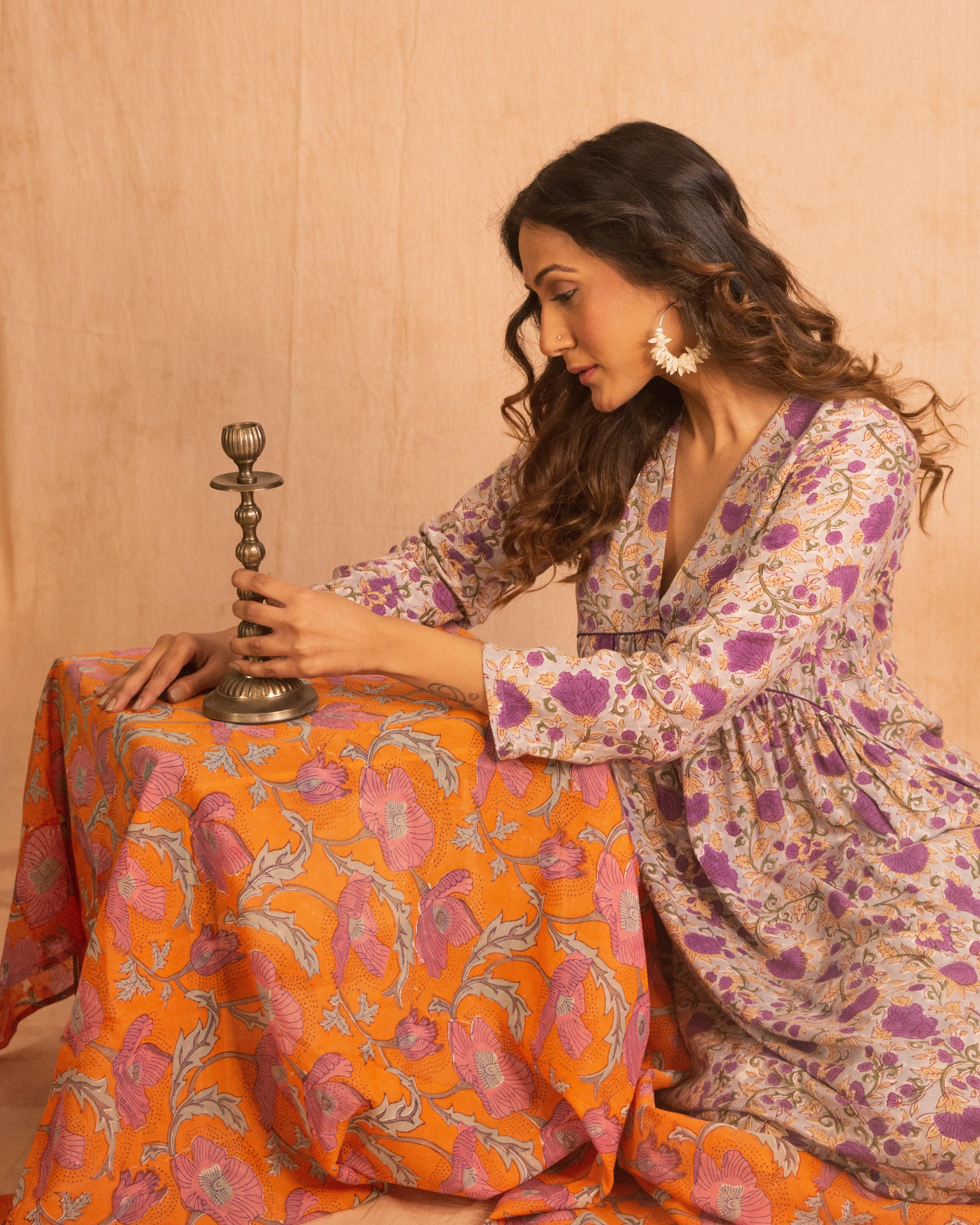 Purple Hand Block Printed Flared Silk Kurta Pant Dupatta Set