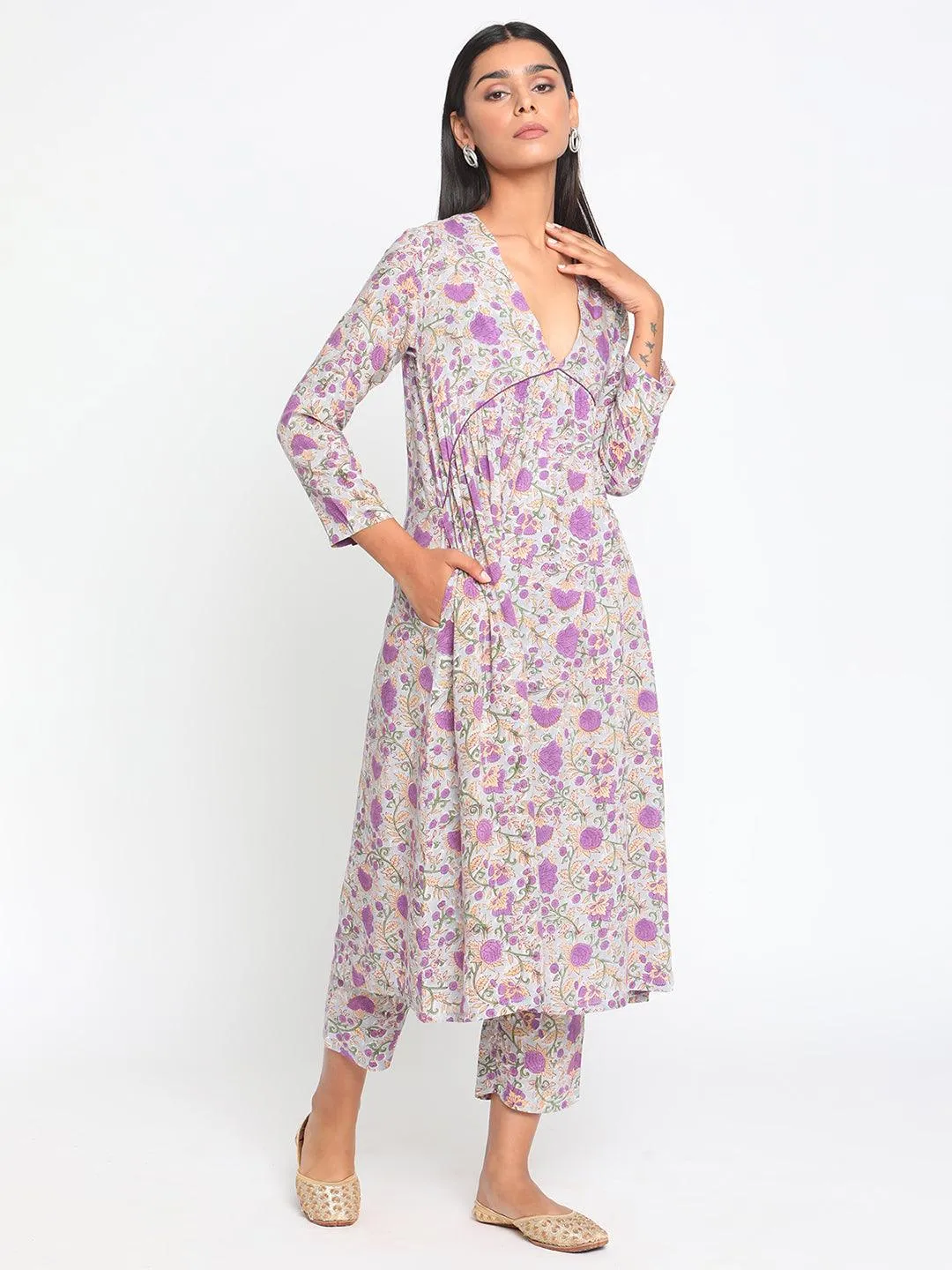 Purple Hand Block Printed Flared Silk Kurta Pant Dupatta Set