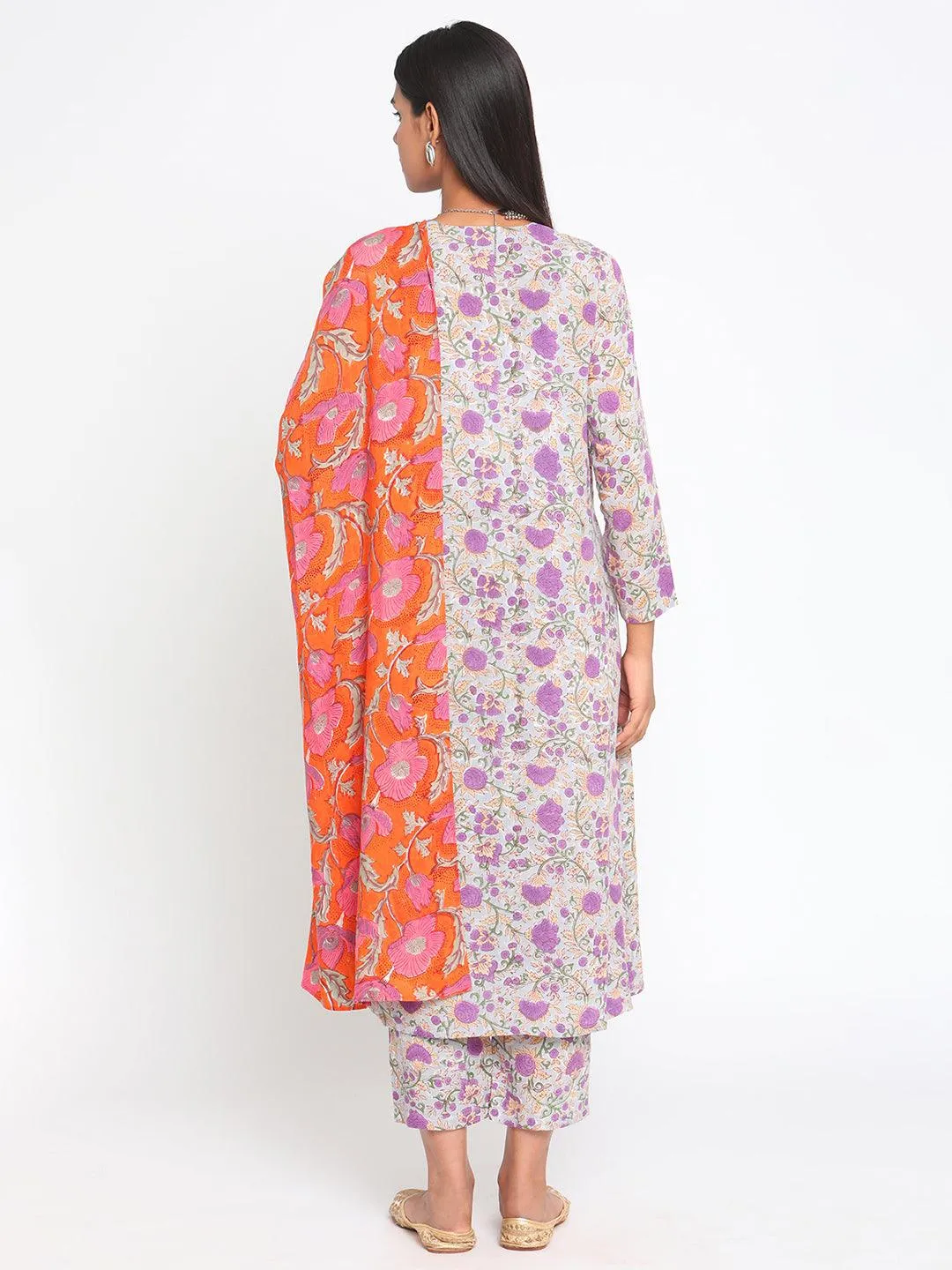 Purple Hand Block Printed Flared Silk Kurta Pant Dupatta Set