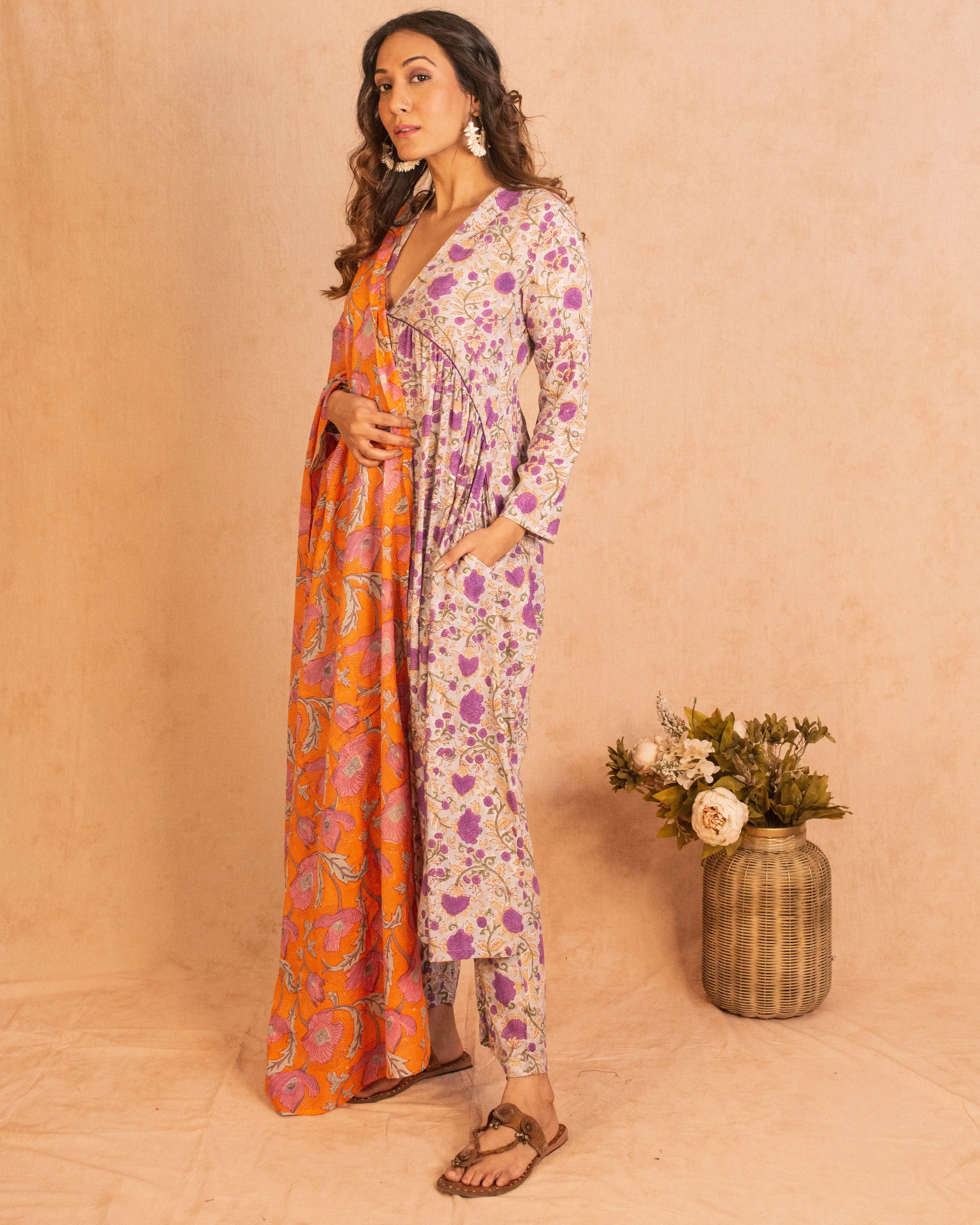 Purple Hand Block Printed Flared Silk Kurta Pant Dupatta Set