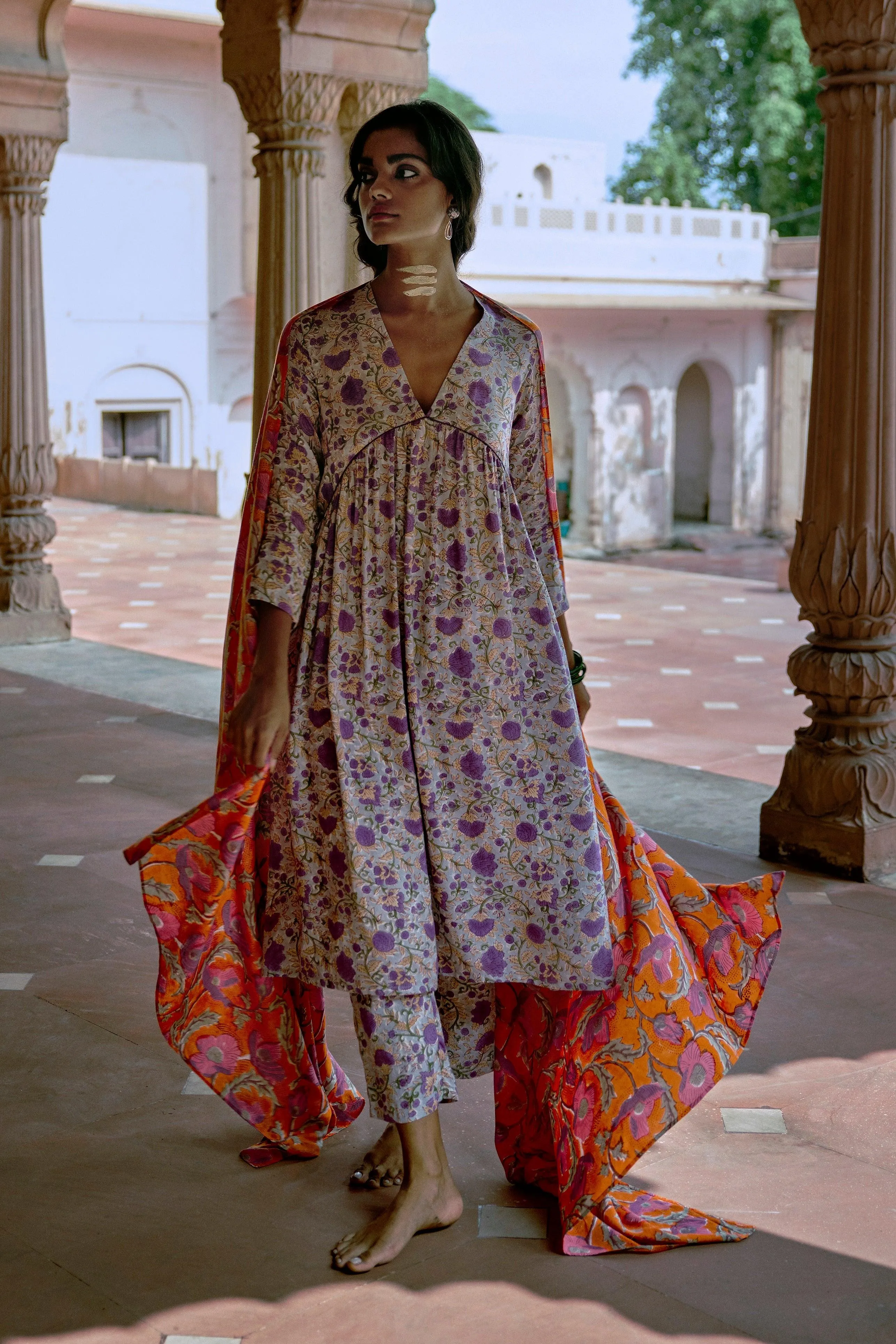 Purple Hand Block Printed Flared Silk Kurta Pant Dupatta Set