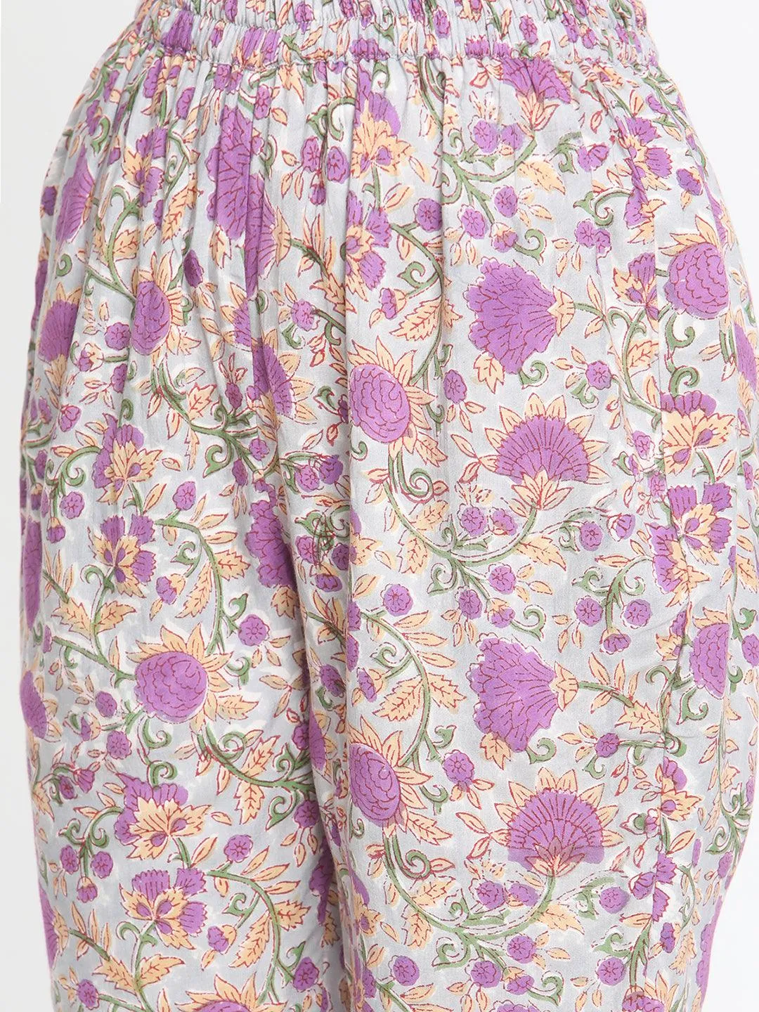 Purple Hand Block Printed Flared Silk Kurta Pant Set