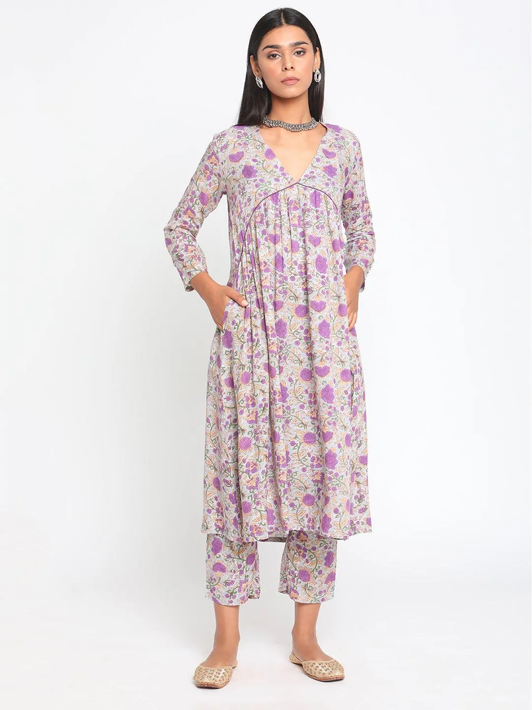 Purple Hand Block Printed Flared Silk Kurta Pant Set