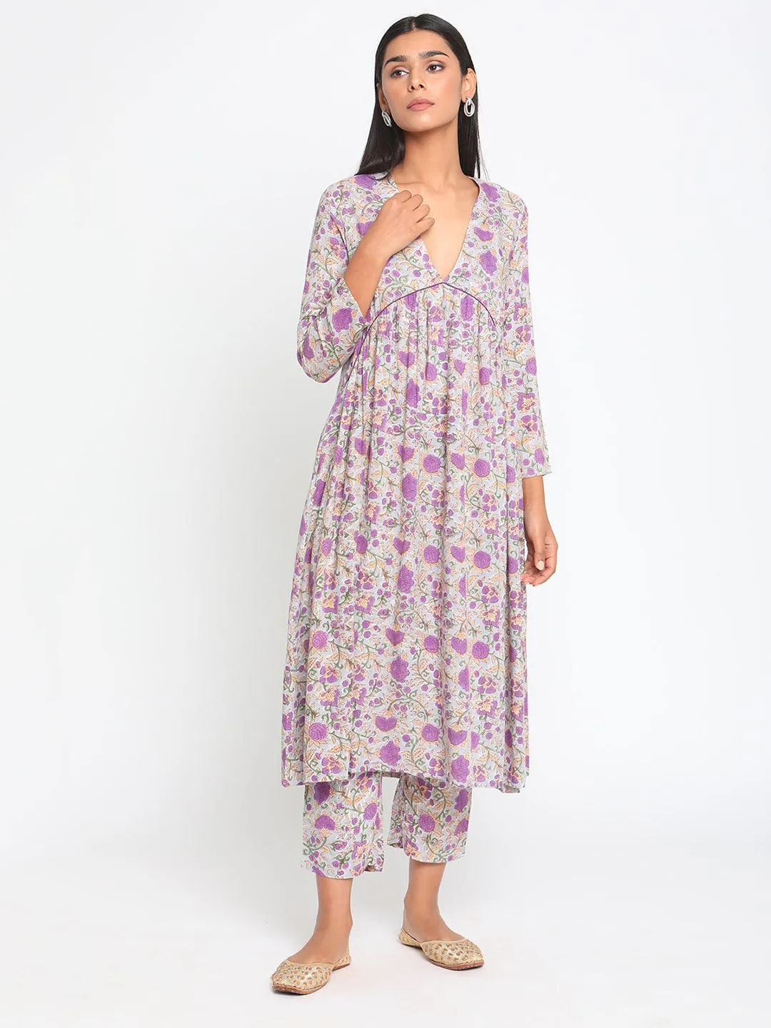 Purple Hand Block Printed Flared Silk Kurta Pant Set