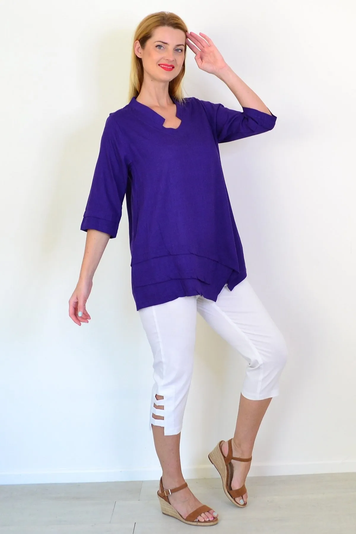 Purple Linen Blend Tunic Top