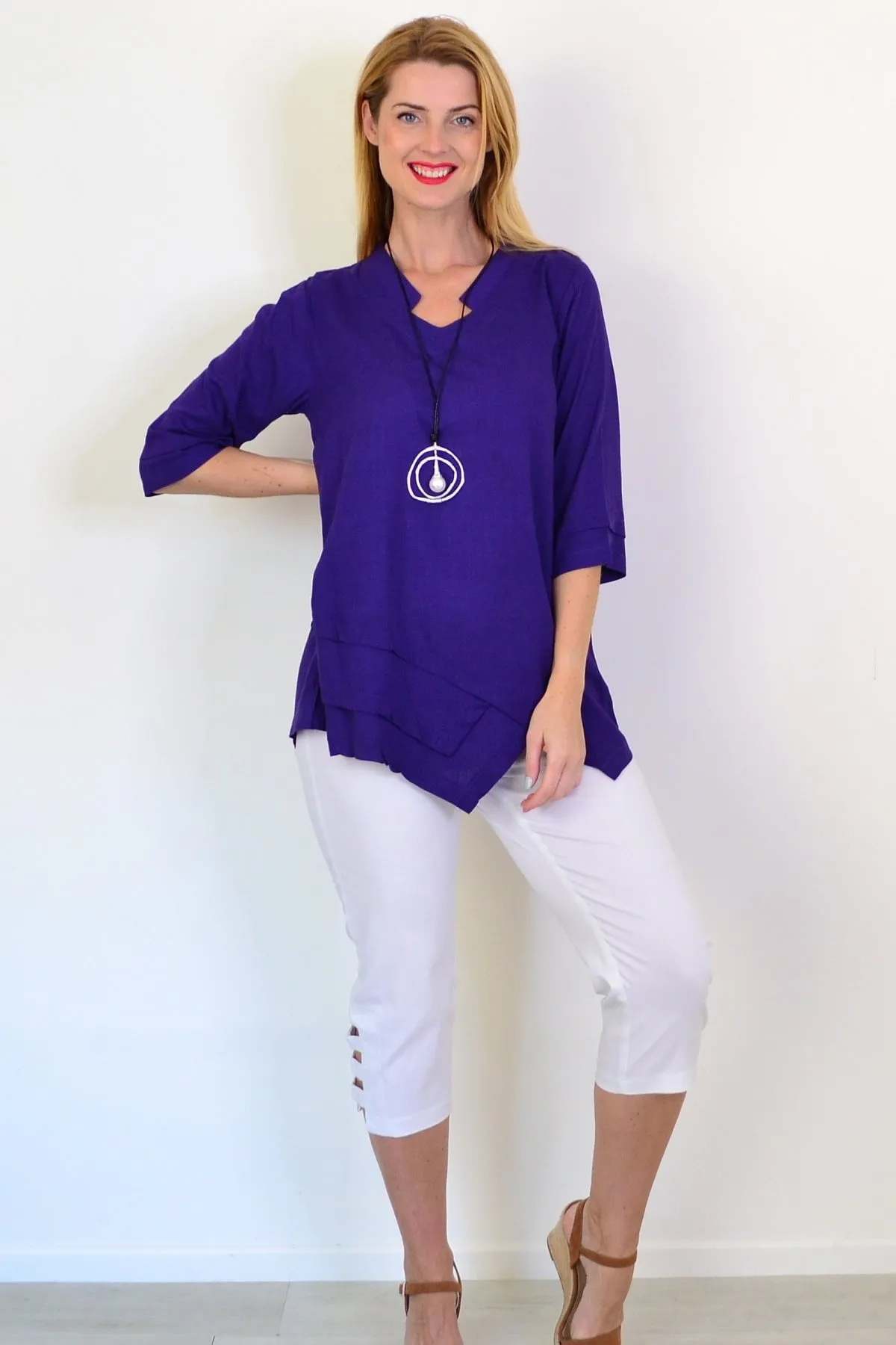 Purple Linen Blend Tunic Top