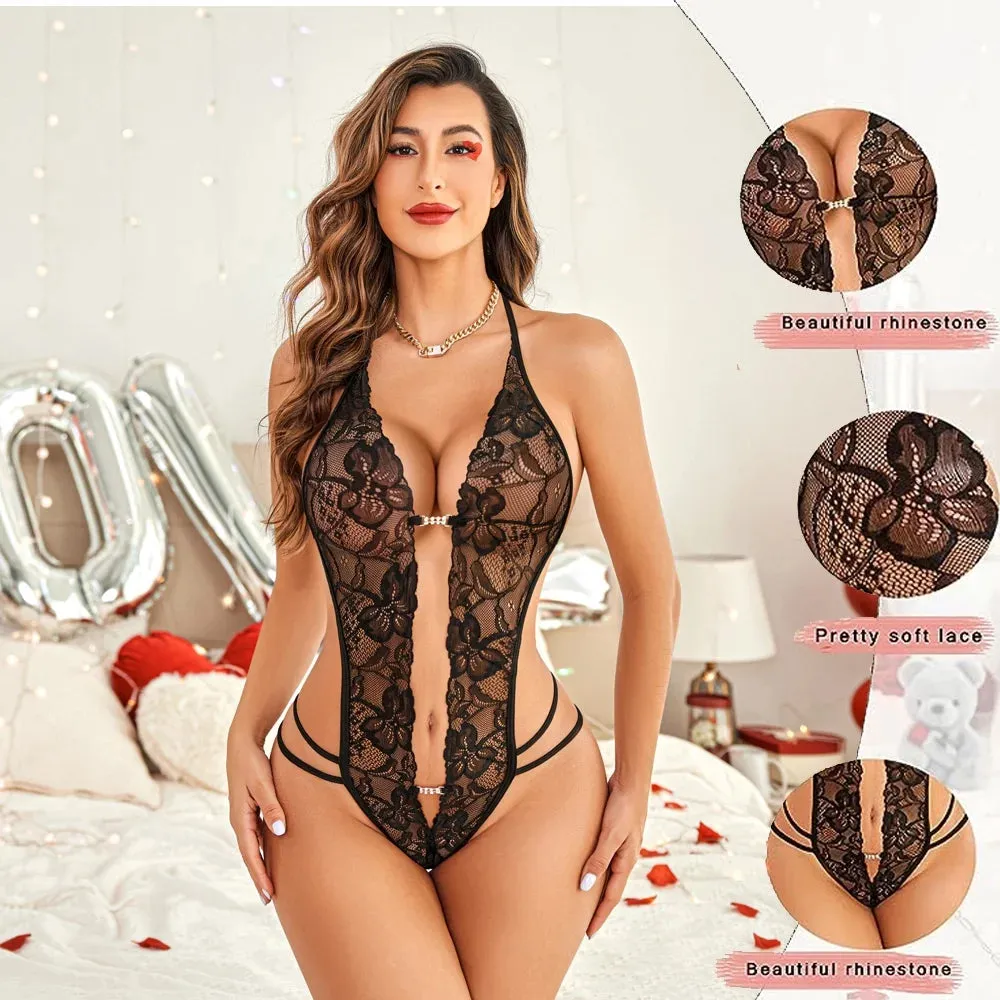 "Seductive Black Lace Bodysuit for Women - Halter Teddy One Piece Babydoll in XXL"