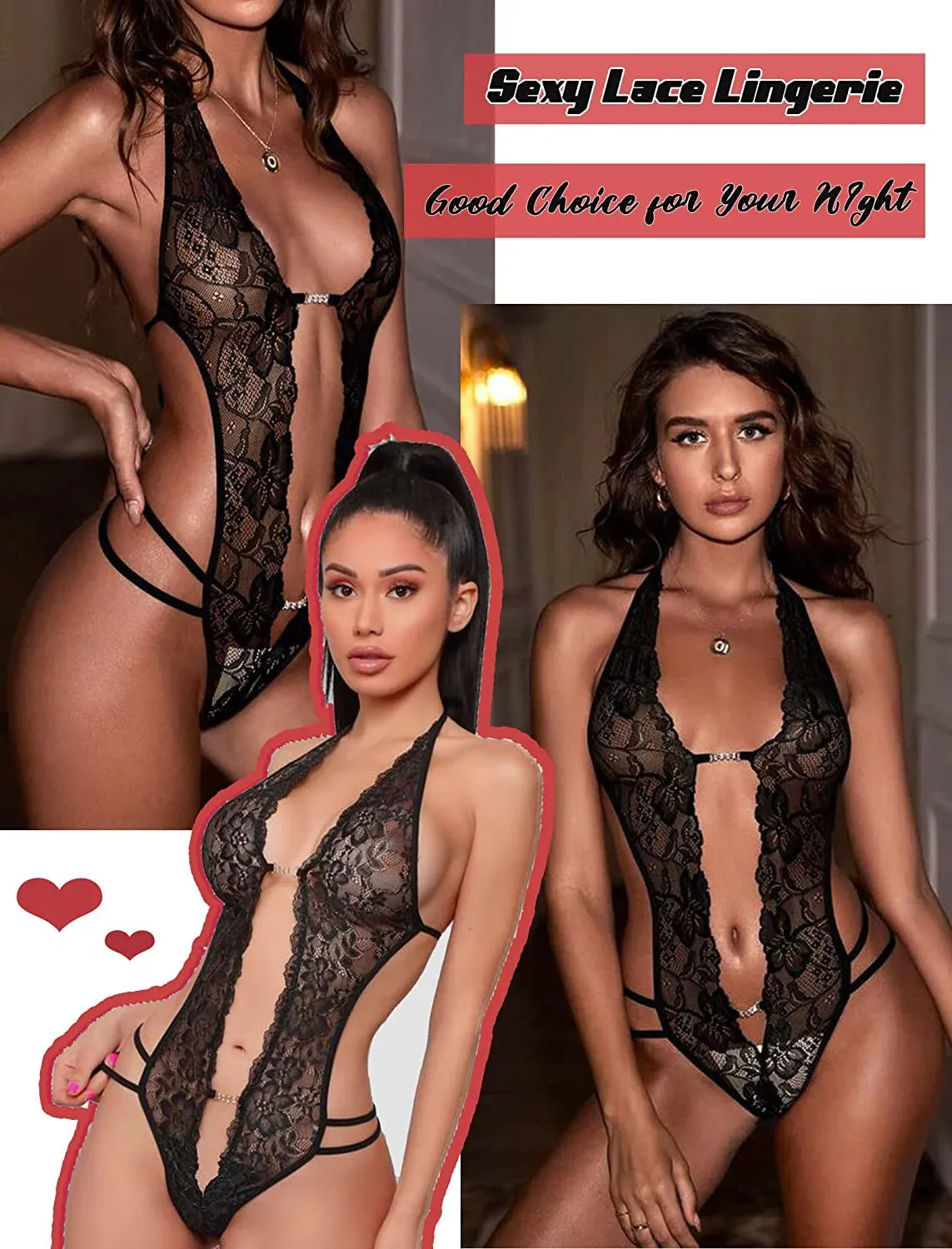 "Seductive Black Lace Bodysuit for Women - Halter Teddy One Piece Babydoll in XXL"