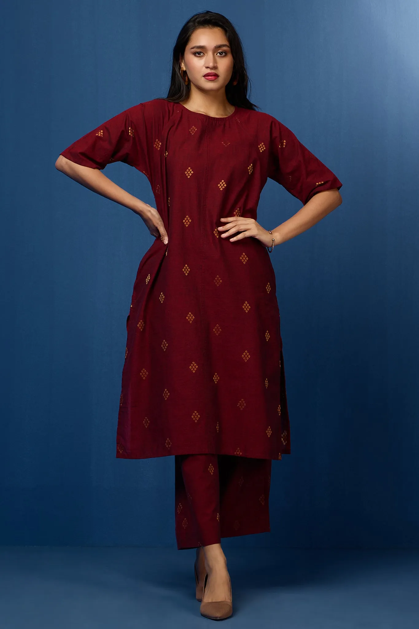 raglan sleeve tunic kurta with pockets - royal garnet and gilded opulence