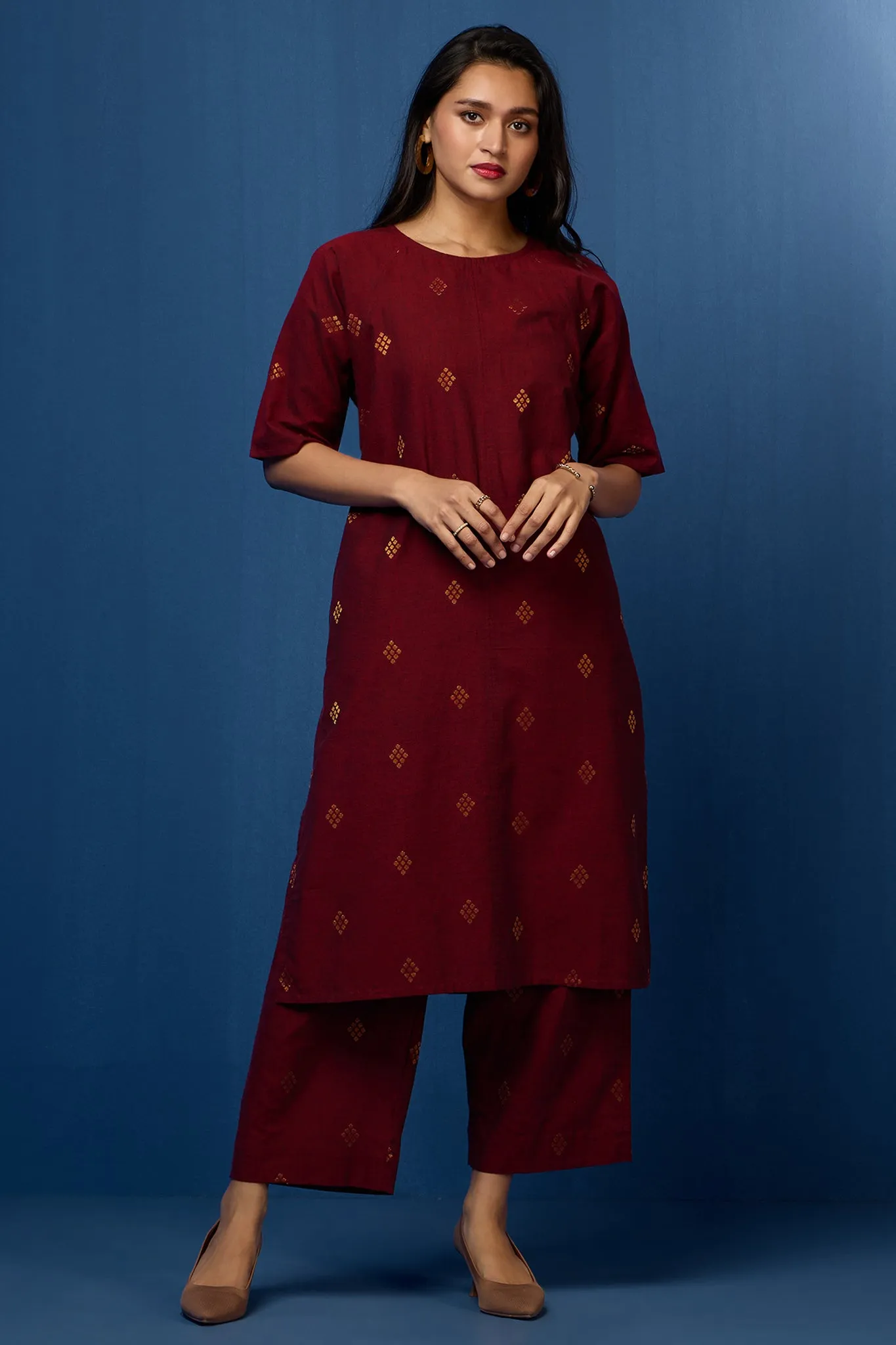 raglan sleeve tunic kurta with pockets - royal garnet and gilded opulence