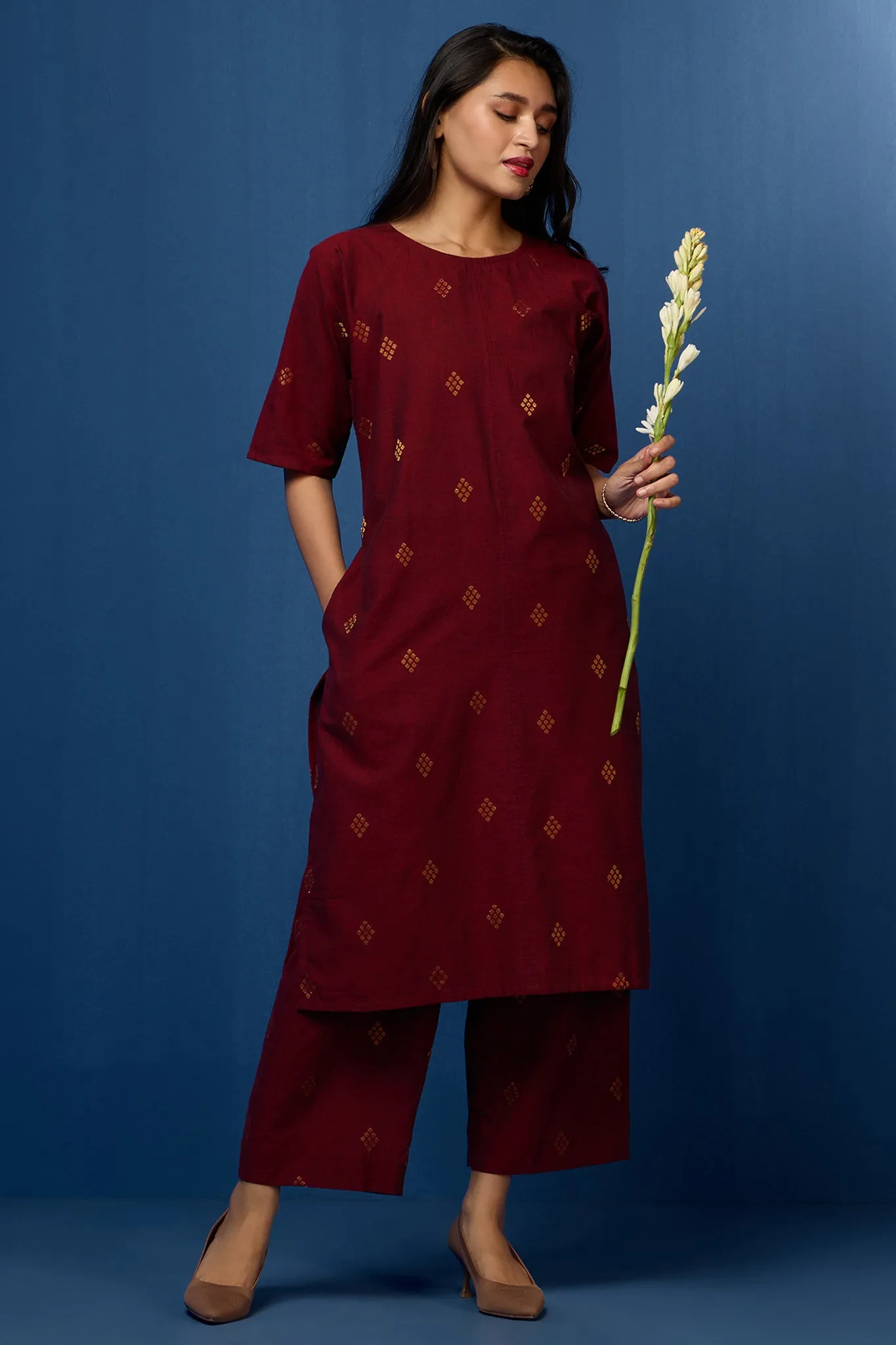 raglan sleeve tunic kurta with pockets - royal garnet and gilded opulence