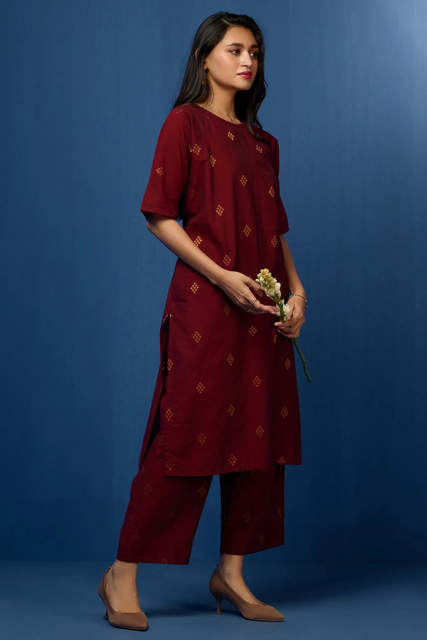 raglan sleeve tunic kurta with pockets - royal garnet and gilded opulence