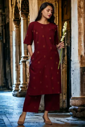 raglan sleeve tunic kurta with pockets - royal garnet and gilded opulence