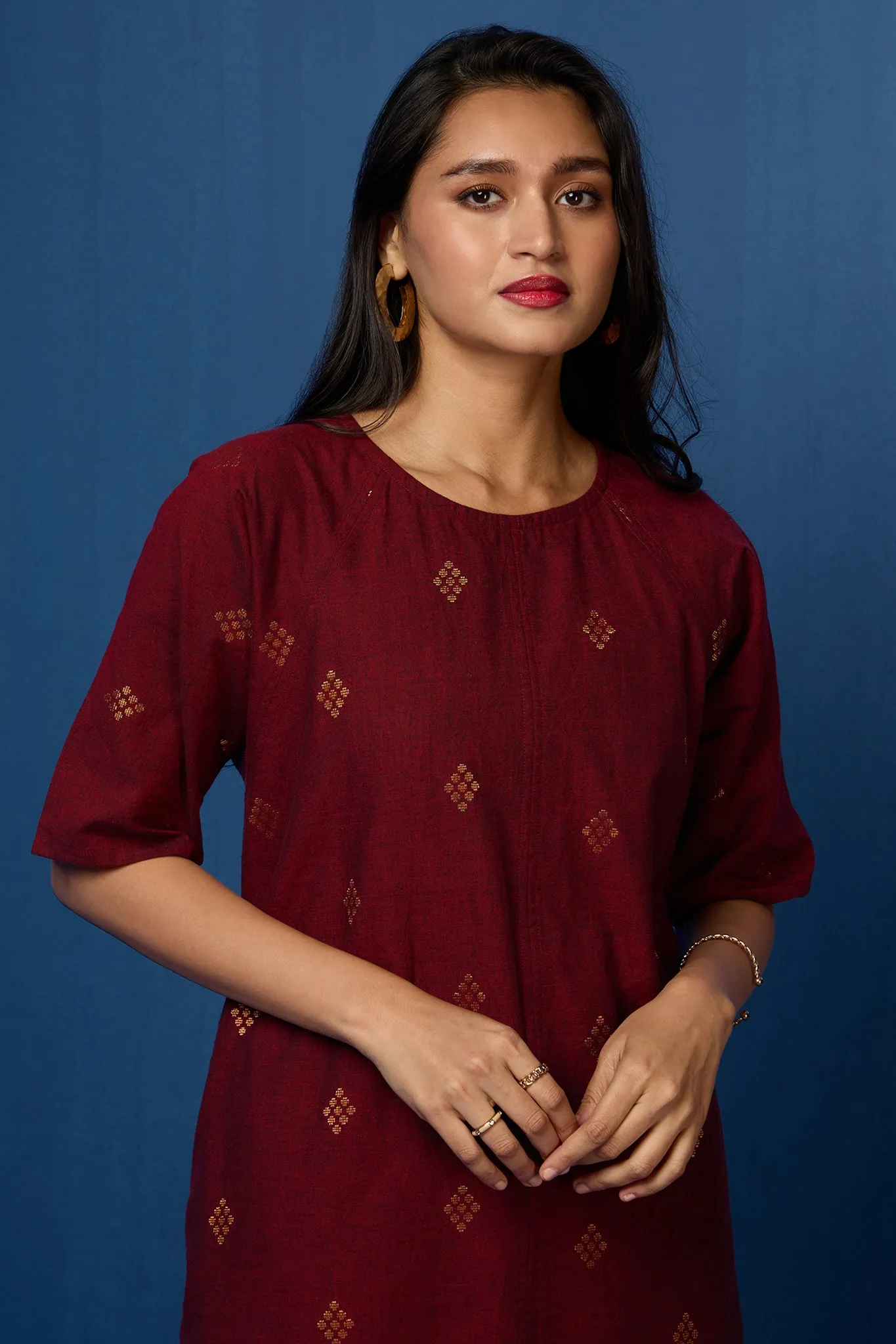 raglan sleeve tunic kurta with pockets - royal garnet and gilded opulence