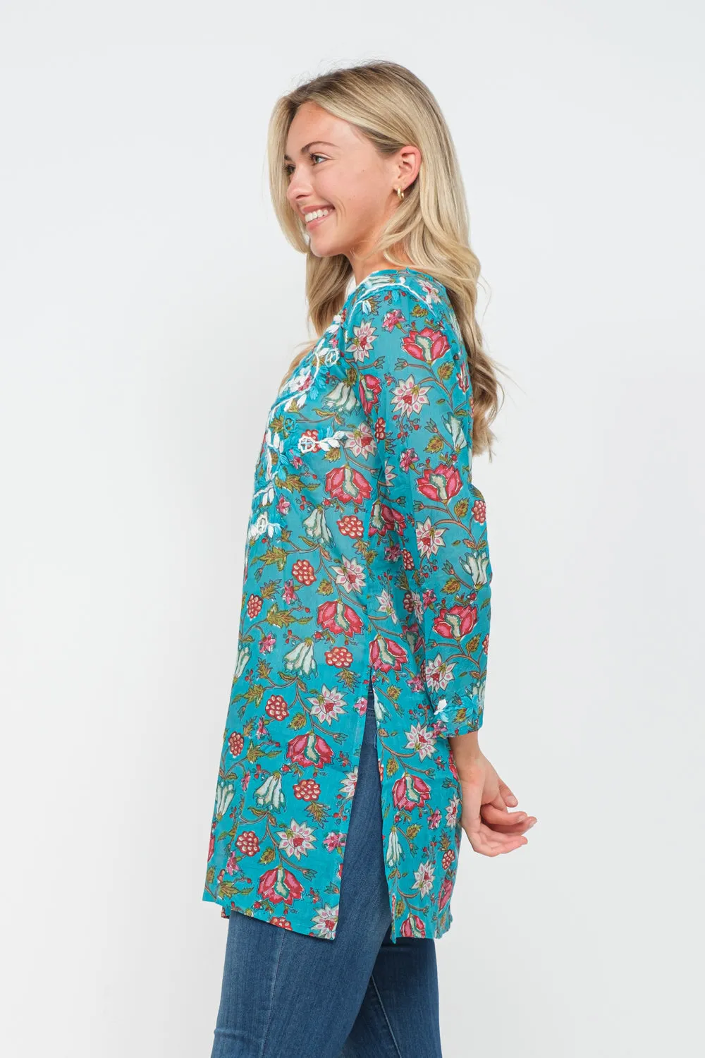 RAJ JACKIE TURQUOISE PRINTED EMBROIDERED TUNIC