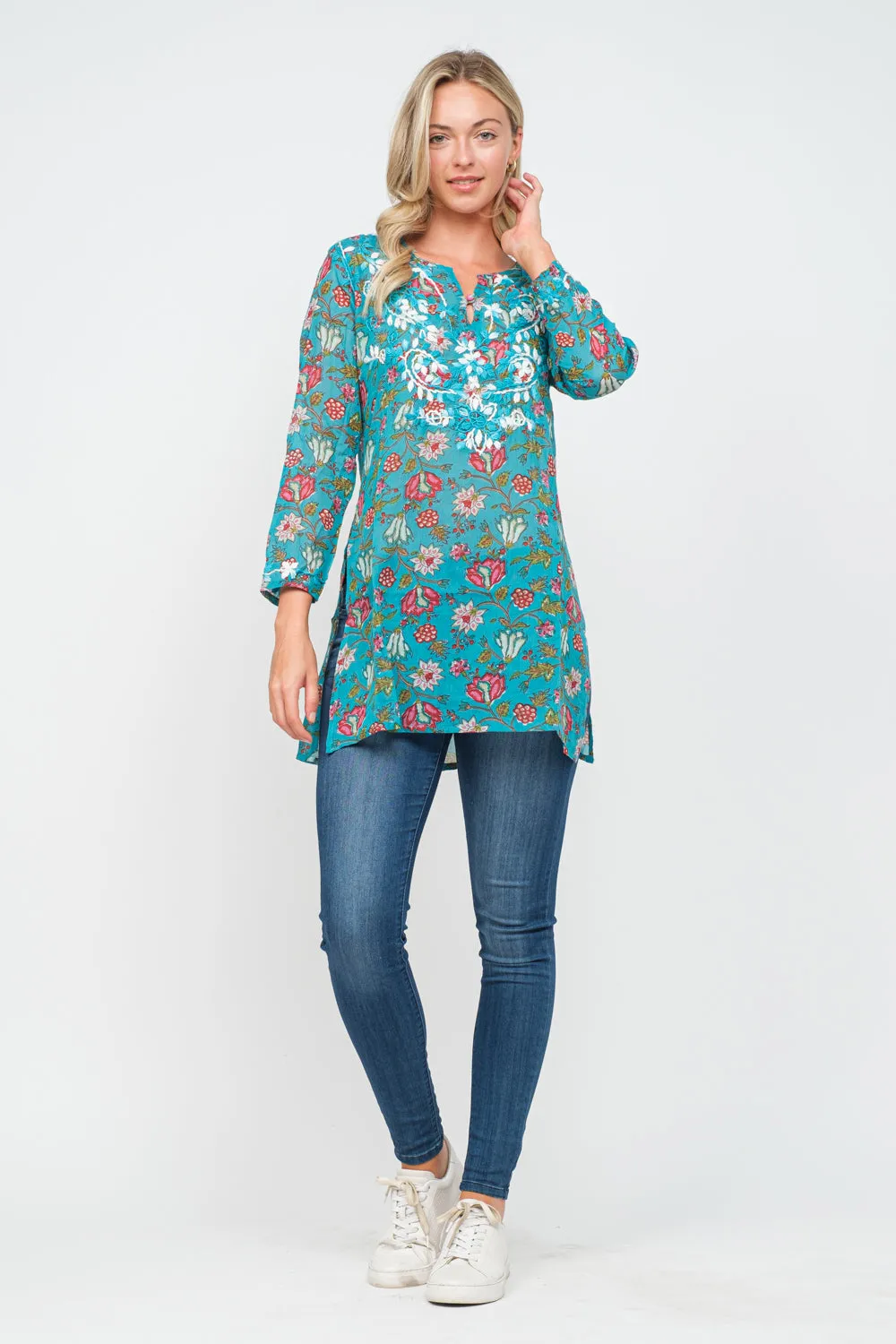 RAJ JACKIE TURQUOISE PRINTED EMBROIDERED TUNIC