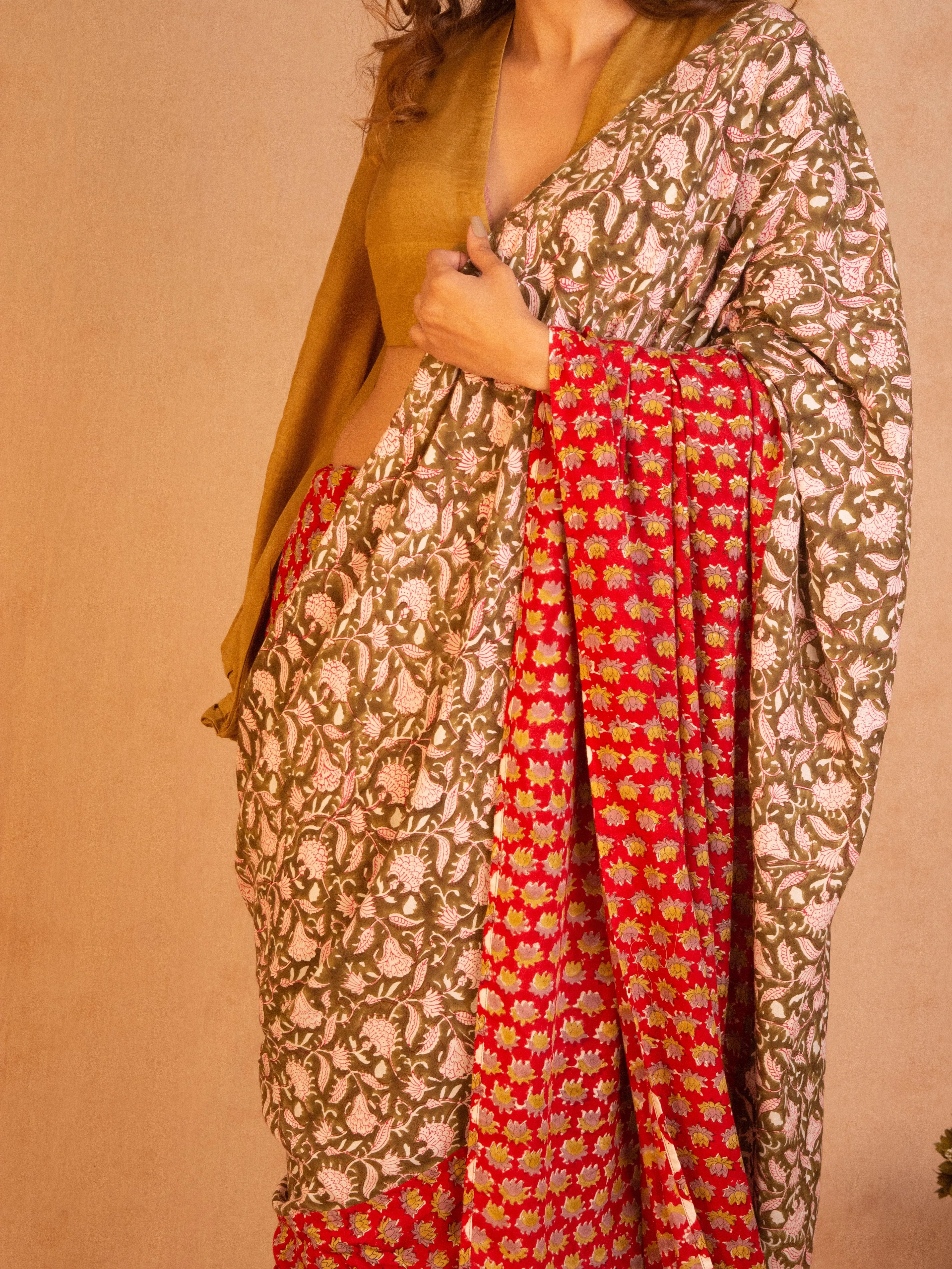 Red Olive Green Hand Block Printed Ready Pleated Silk Saree