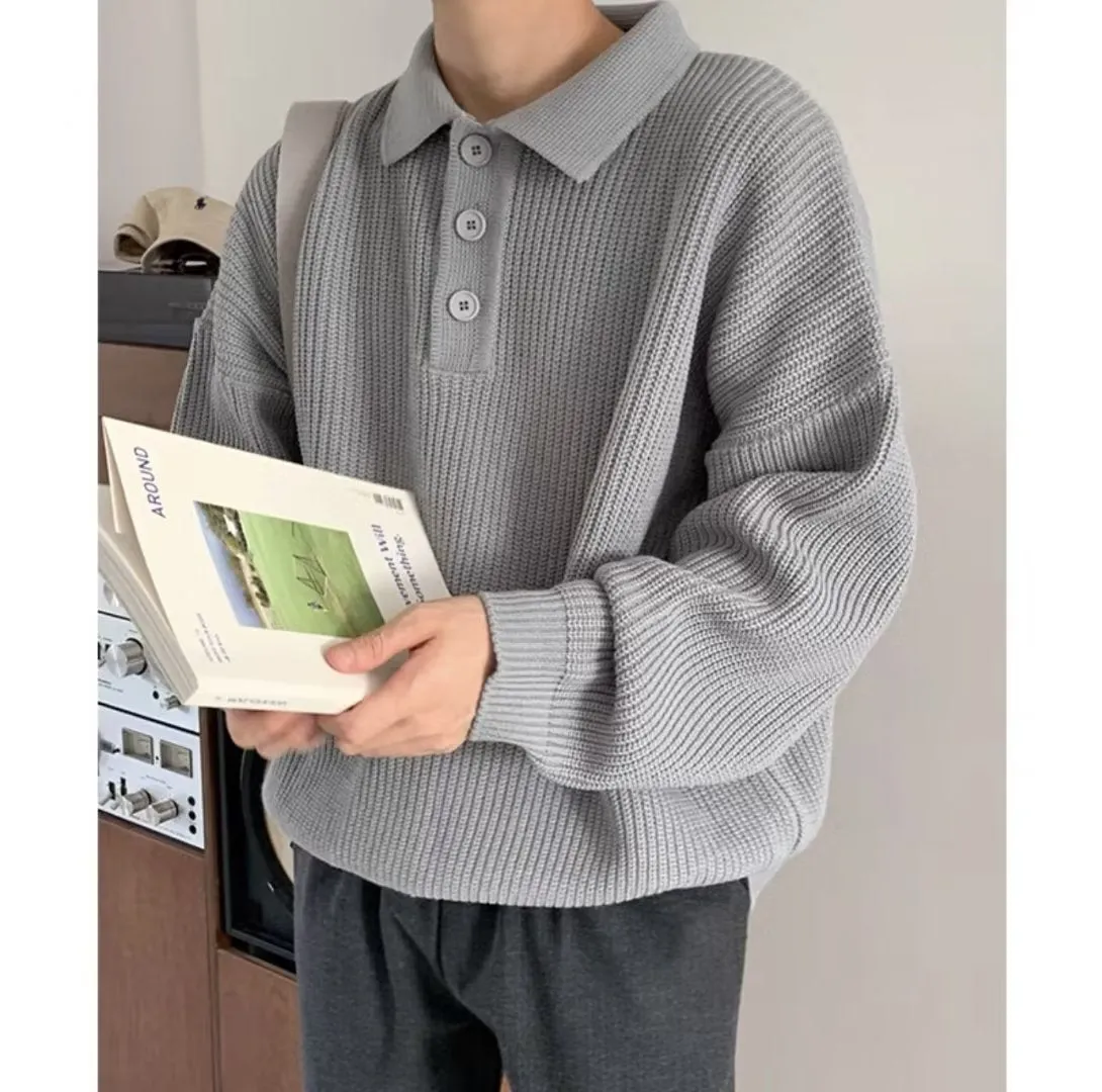 Riolio men winter outfits Autumn and Winter Polo Collar Sweater Men's Loose Trendy Hong Kong Style All-Match Long Sleeve Solid Color Lapel Sweater Top Coat
