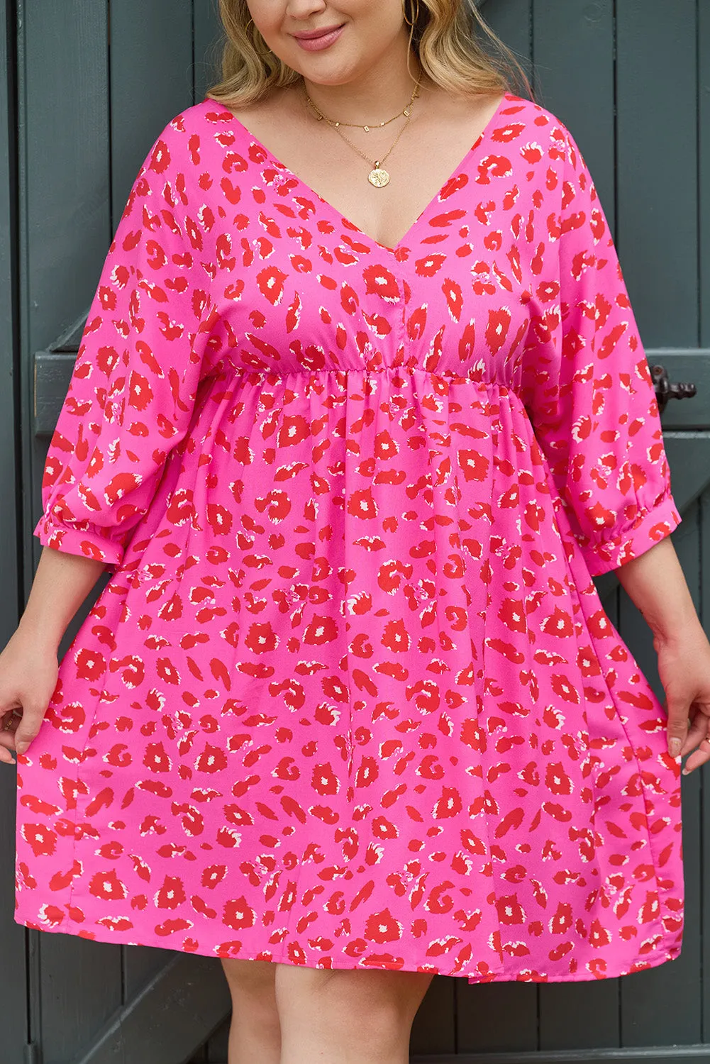 Rose Plus Size 3/4 Sleeves V Neck Leopard Dress