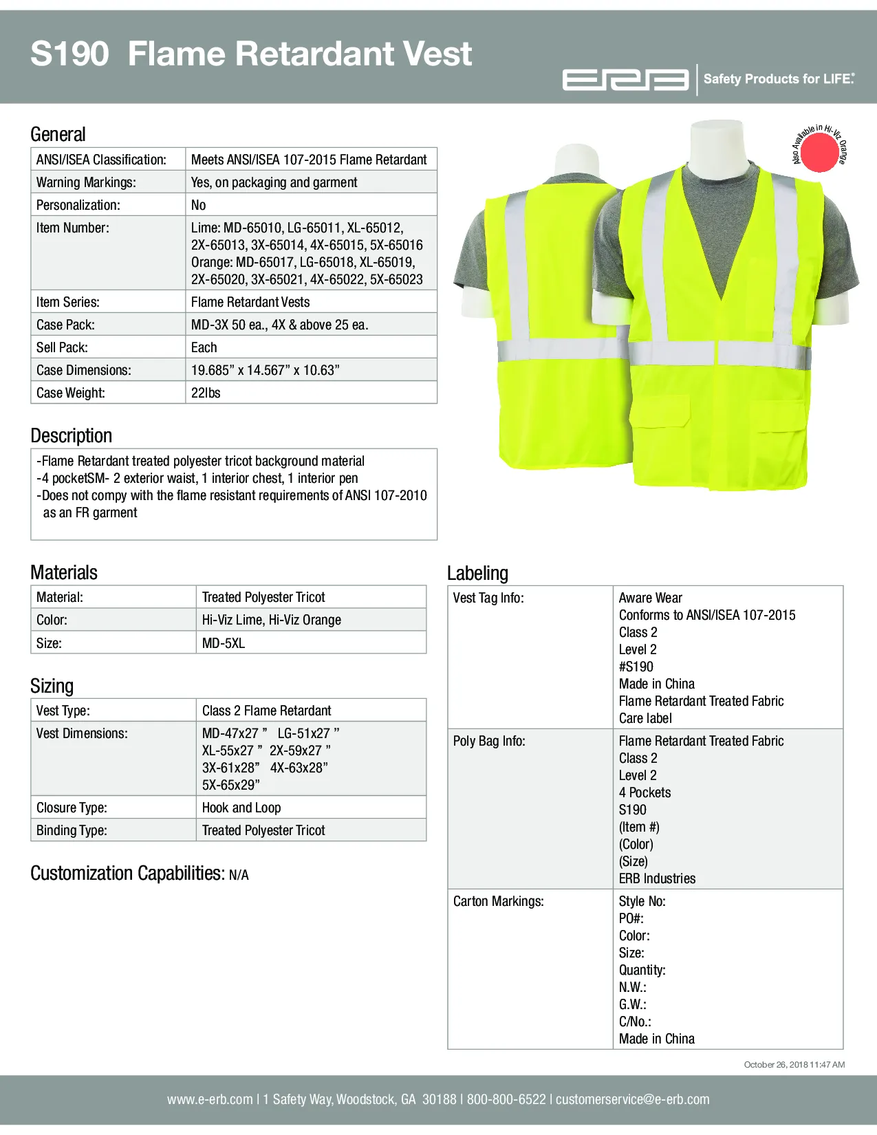 S190 Class 2 Flame Retardant Safety Vest 1pc