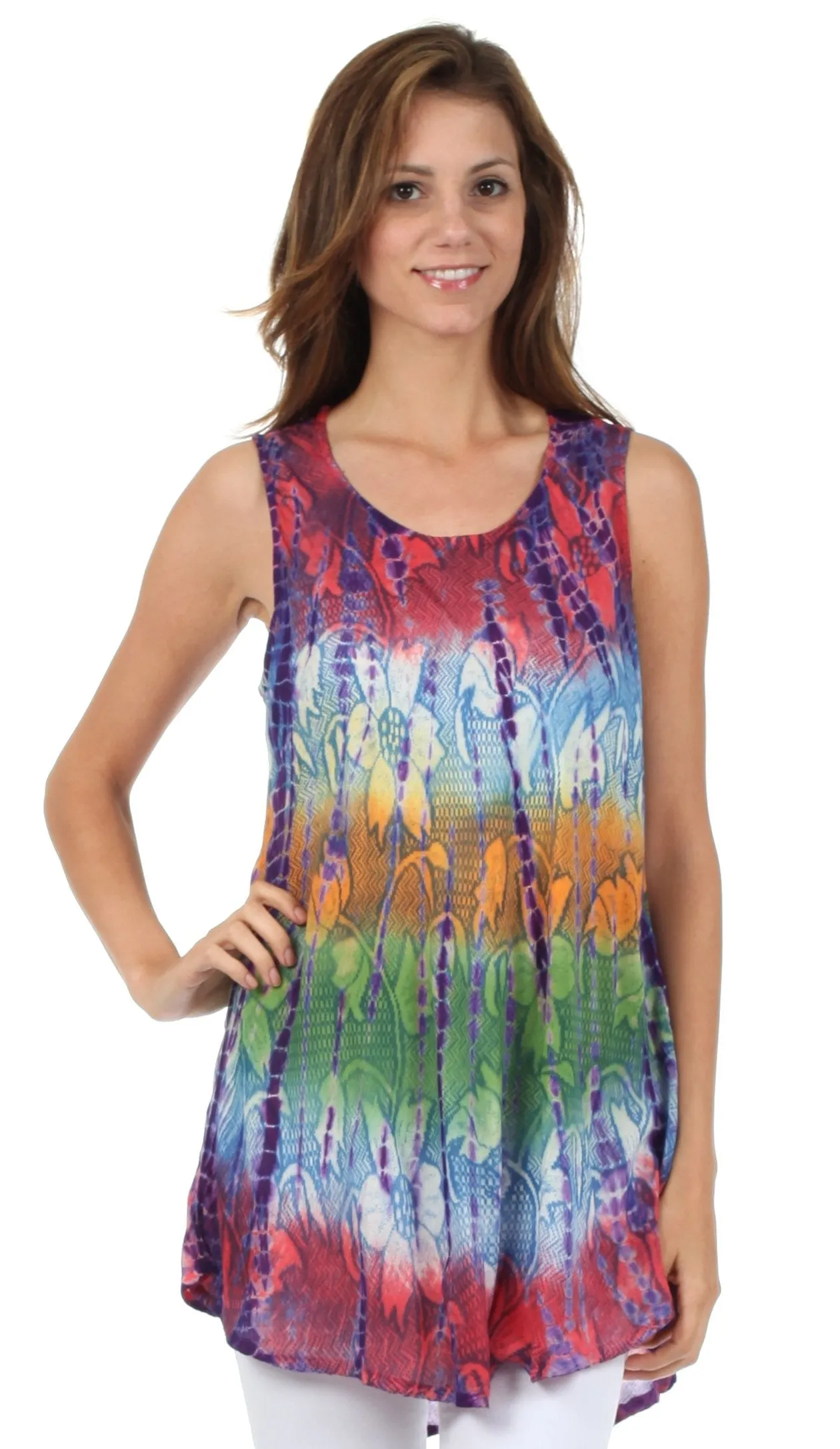 Sakkas Ombre Floral Tie Dye Flared Hem Sleeveless Rayon Tunic Blouse