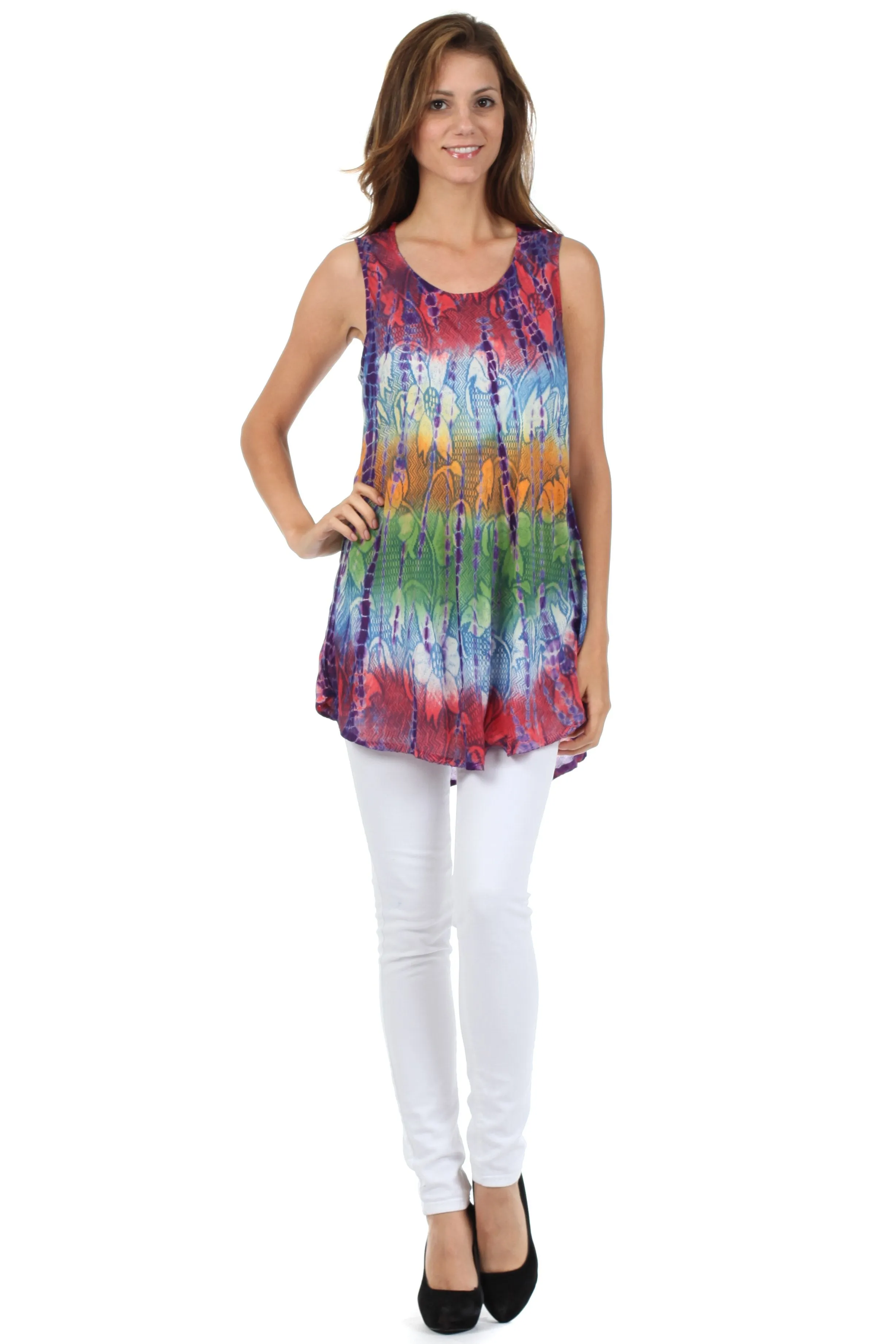 Sakkas Ombre Floral Tie Dye Flared Hem Sleeveless Rayon Tunic Blouse