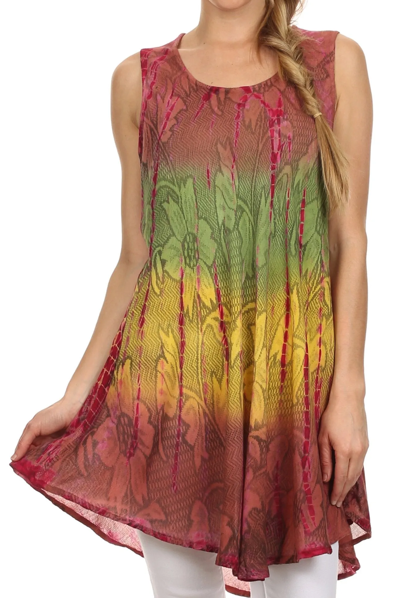 Sakkas Ombre Floral Tie Dye Flared Hem Sleeveless Rayon Tunic Blouse