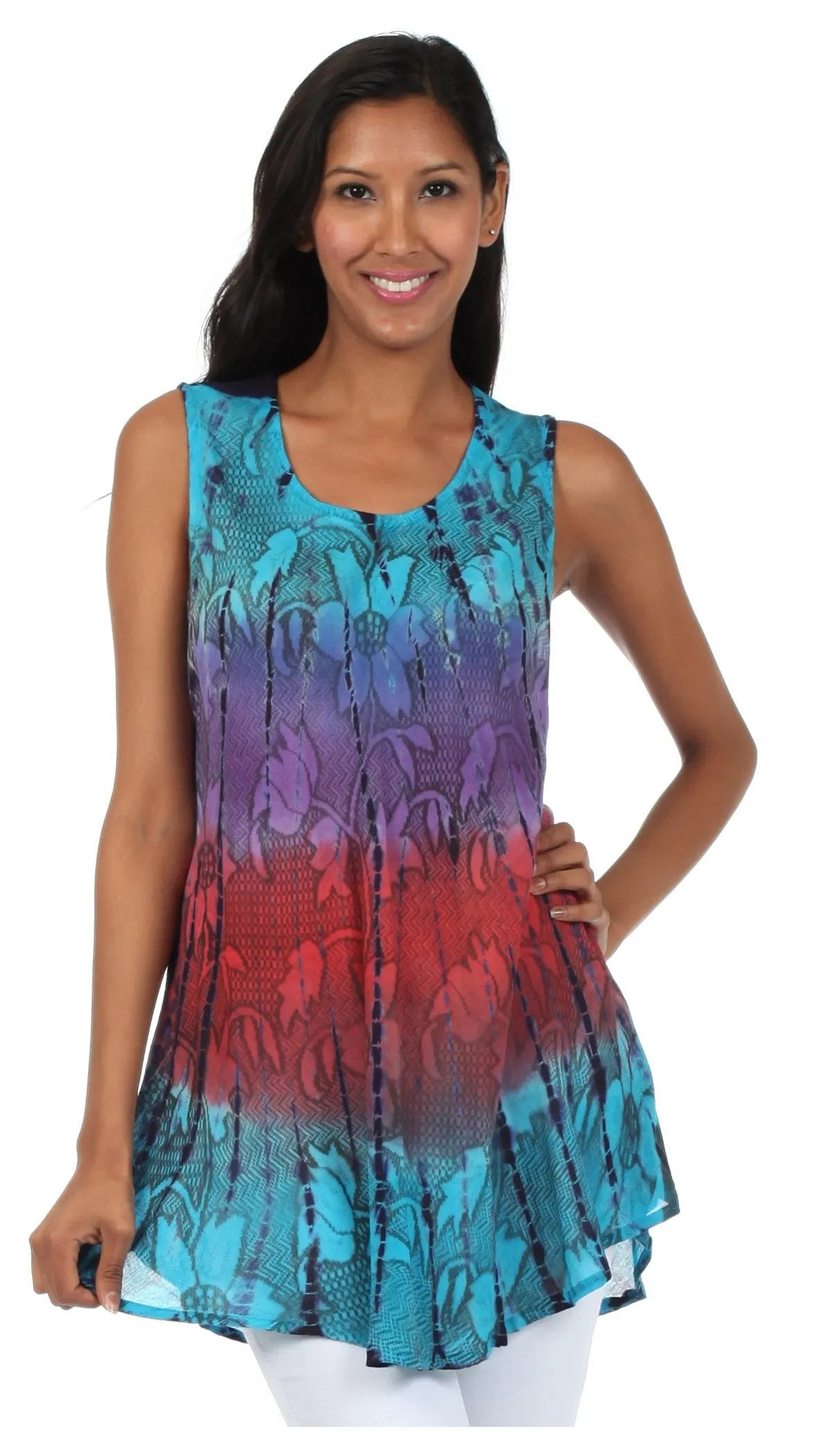 Sakkas Ombre Floral Tie Dye Flared Hem Sleeveless Rayon Tunic Blouse