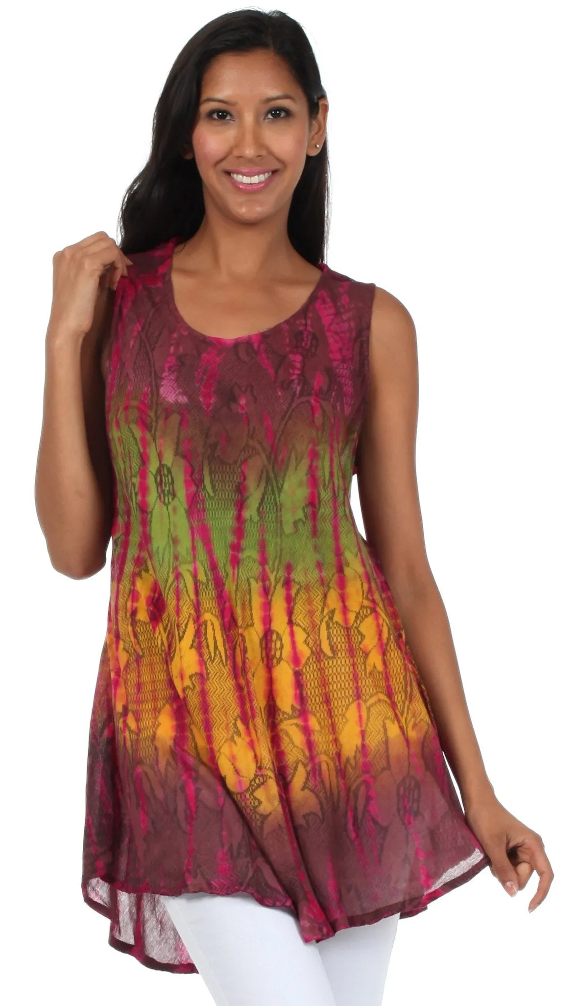 Sakkas Ombre Floral Tie Dye Flared Hem Sleeveless Rayon Tunic Blouse