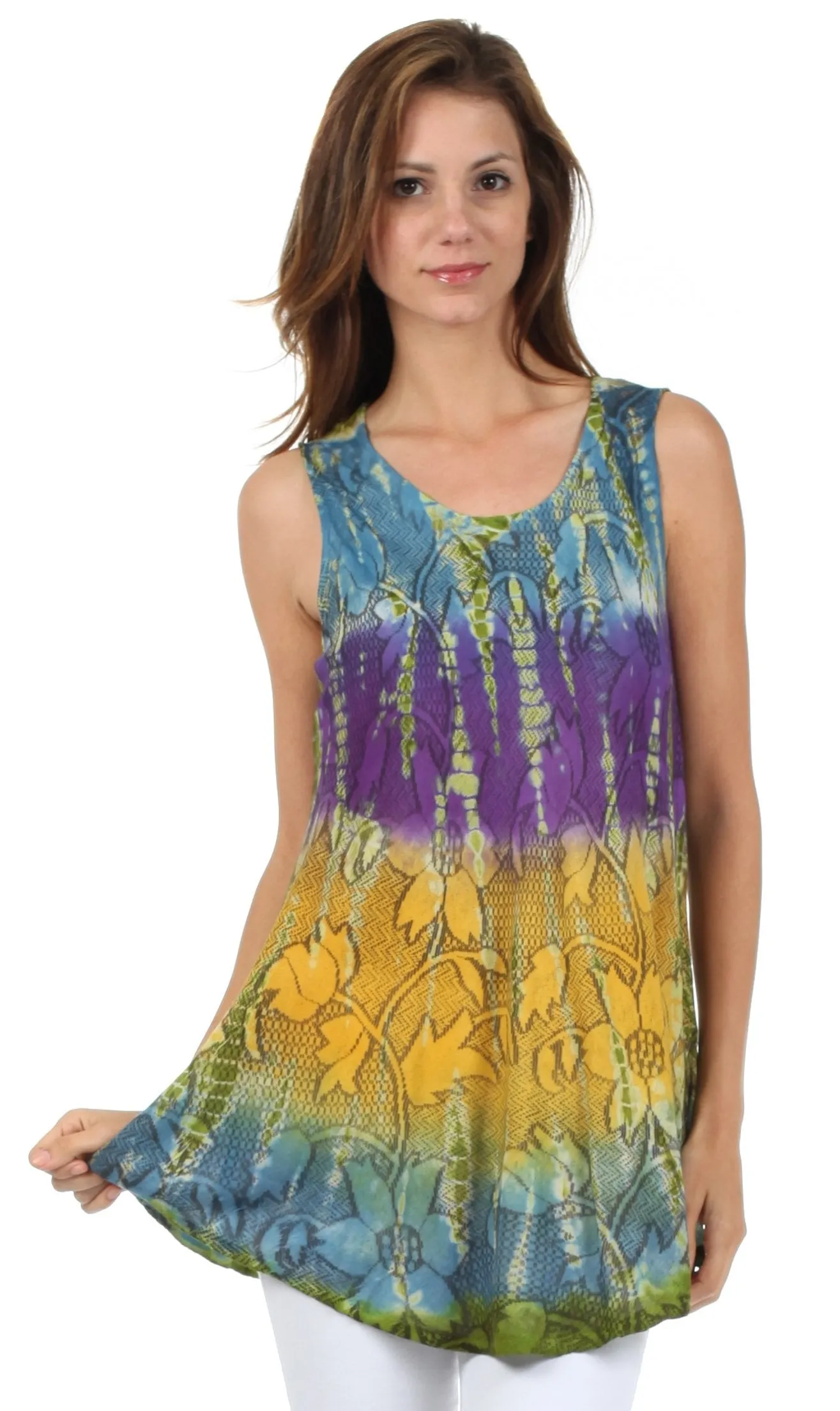 Sakkas Ombre Floral Tie Dye Flared Hem Sleeveless Rayon Tunic Blouse