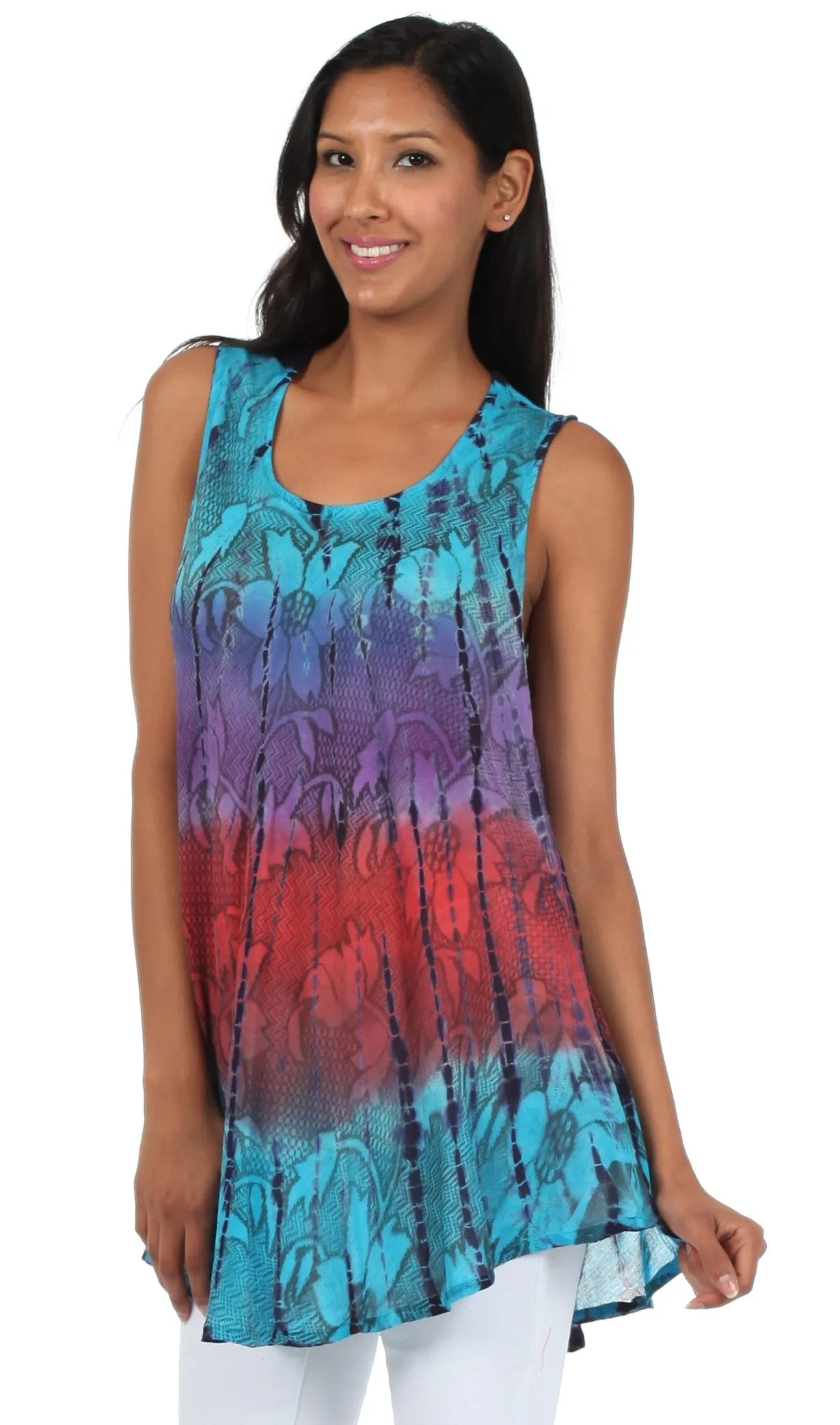 Sakkas Ombre Floral Tie Dye Flared Hem Sleeveless Rayon Tunic Blouse