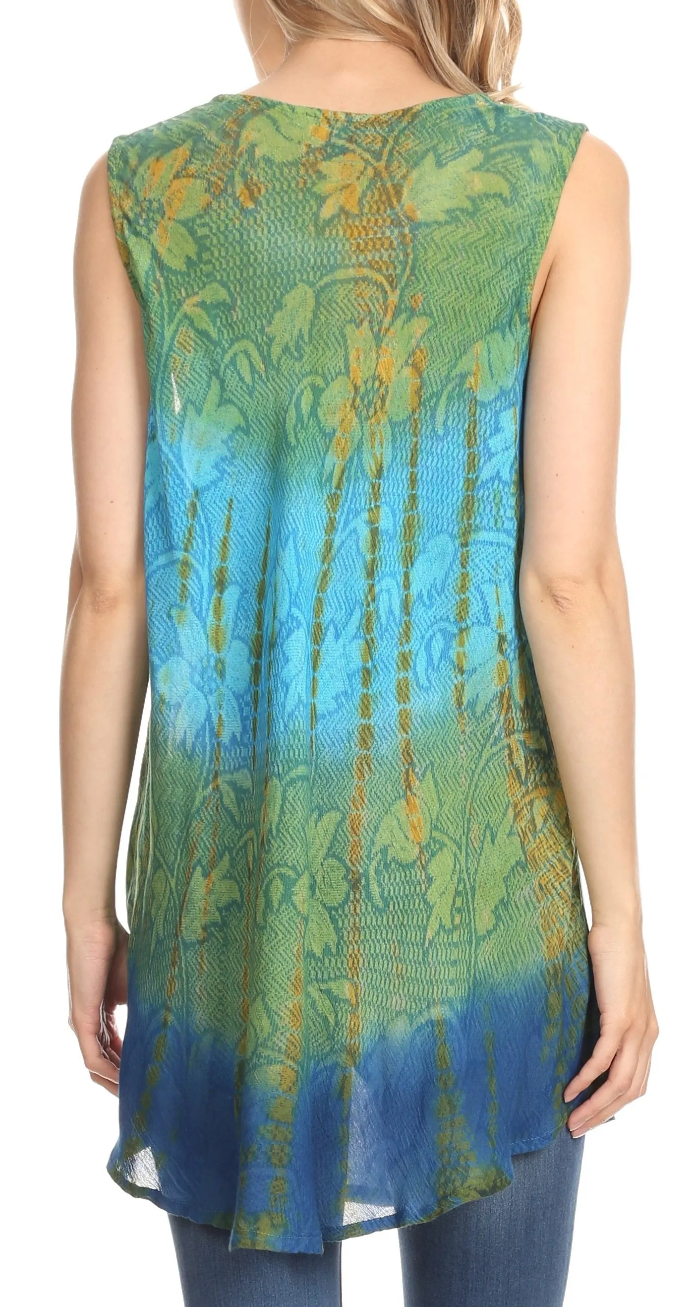 Sakkas Ombre Floral Tie Dye Flared Hem Sleeveless Rayon Tunic Blouse