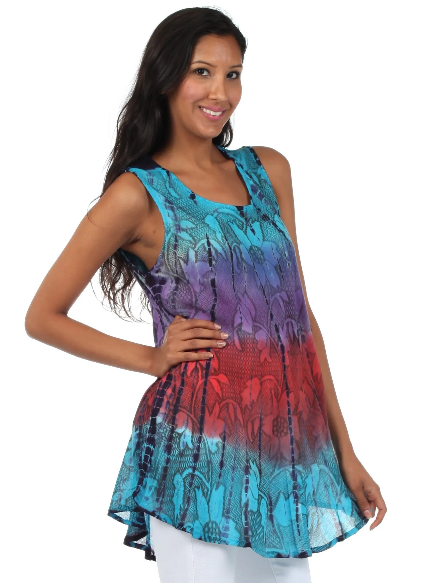 Sakkas Ombre Floral Tie Dye Flared Hem Sleeveless Rayon Tunic Blouse