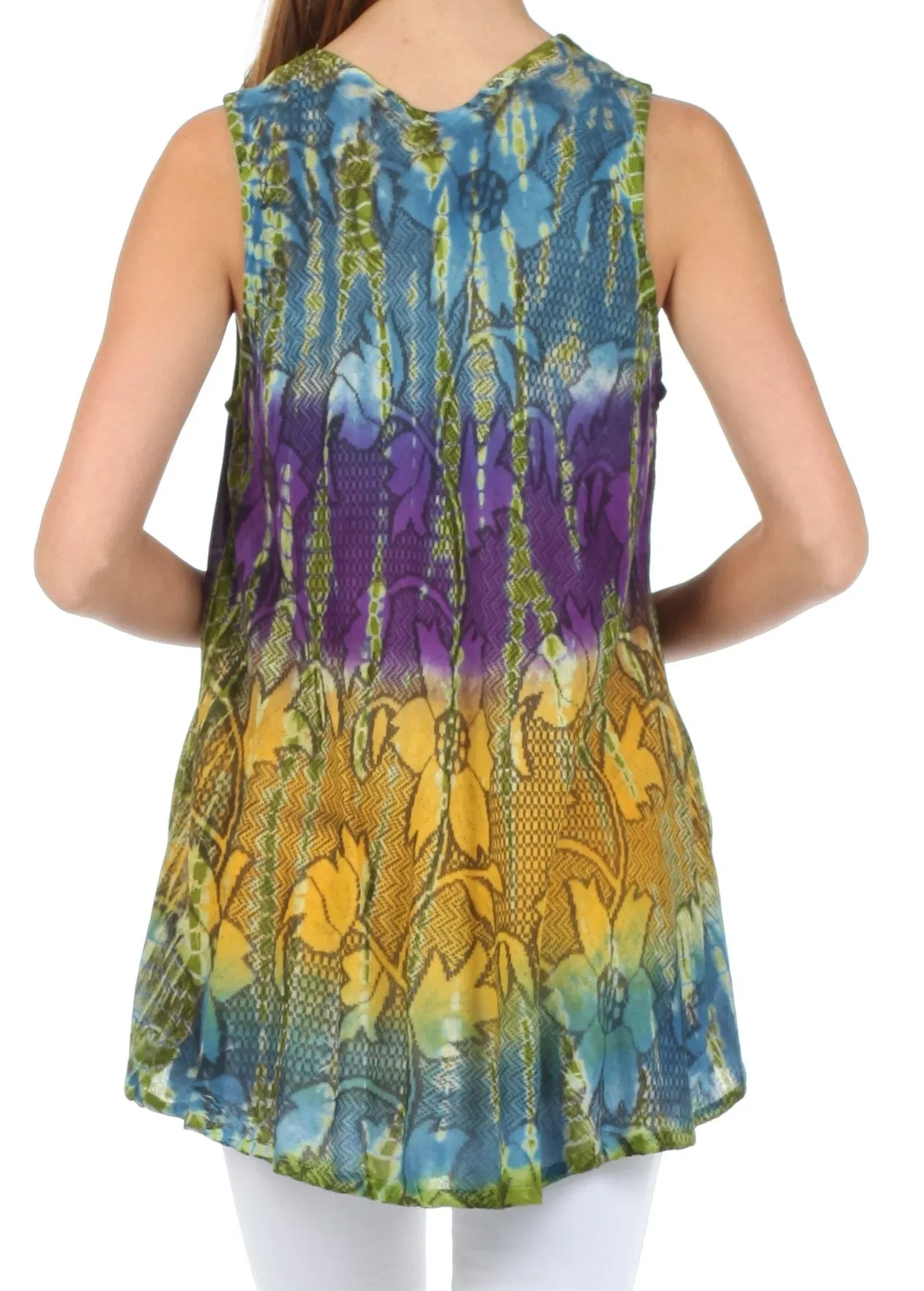 Sakkas Ombre Floral Tie Dye Flared Hem Sleeveless Rayon Tunic Blouse