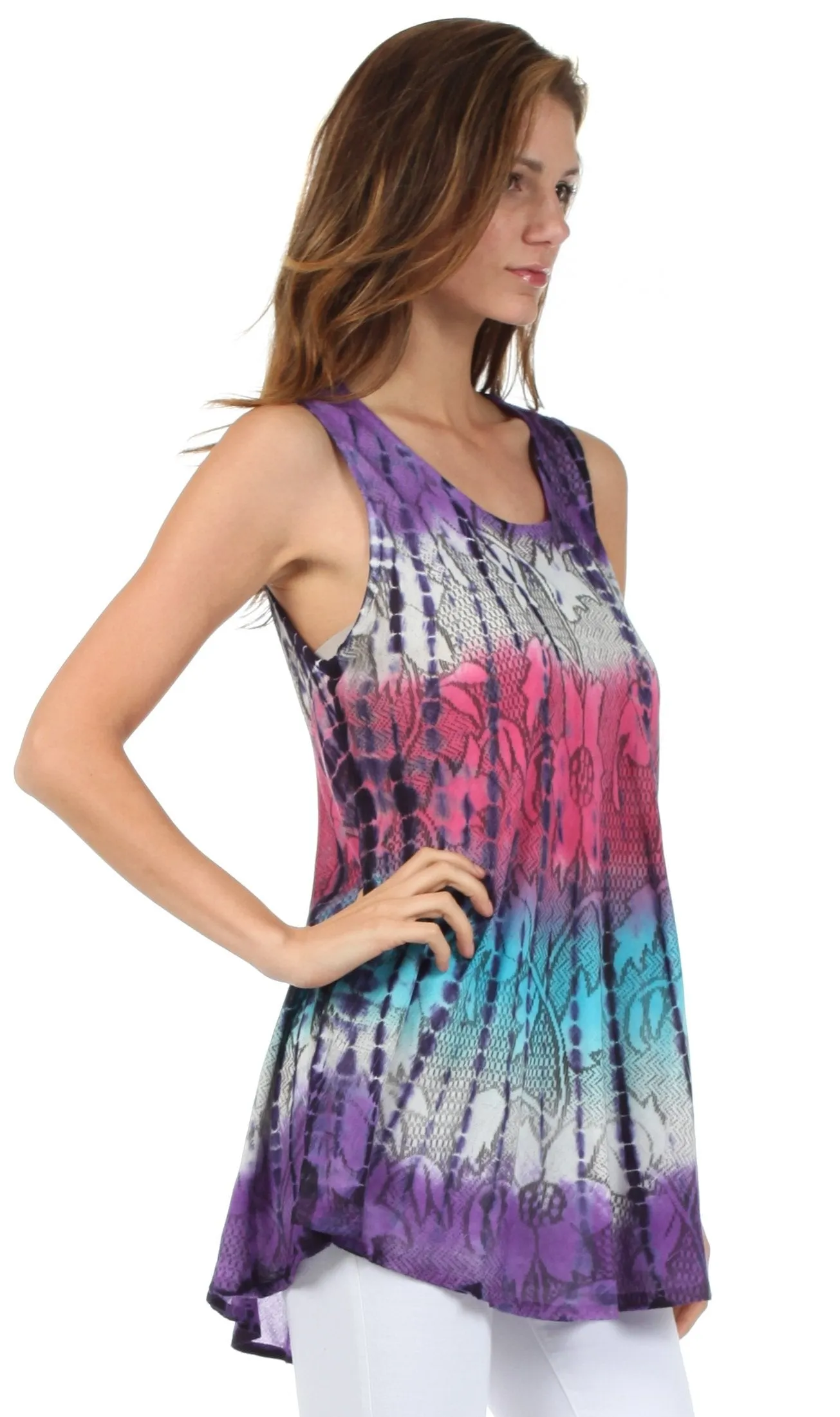 Sakkas Ombre Floral Tie Dye Flared Hem Sleeveless Rayon Tunic Blouse