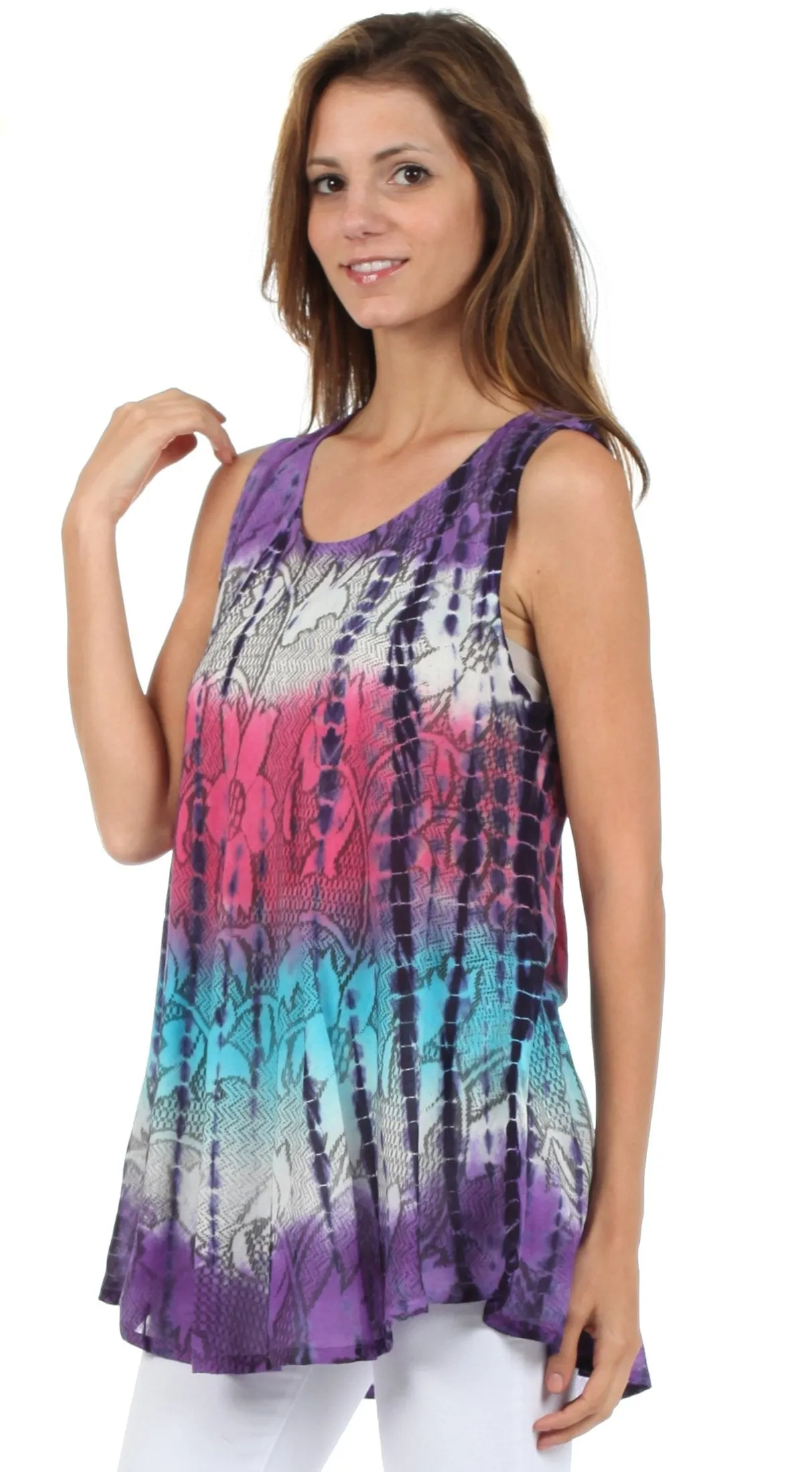 Sakkas Ombre Floral Tie Dye Flared Hem Sleeveless Rayon Tunic Blouse