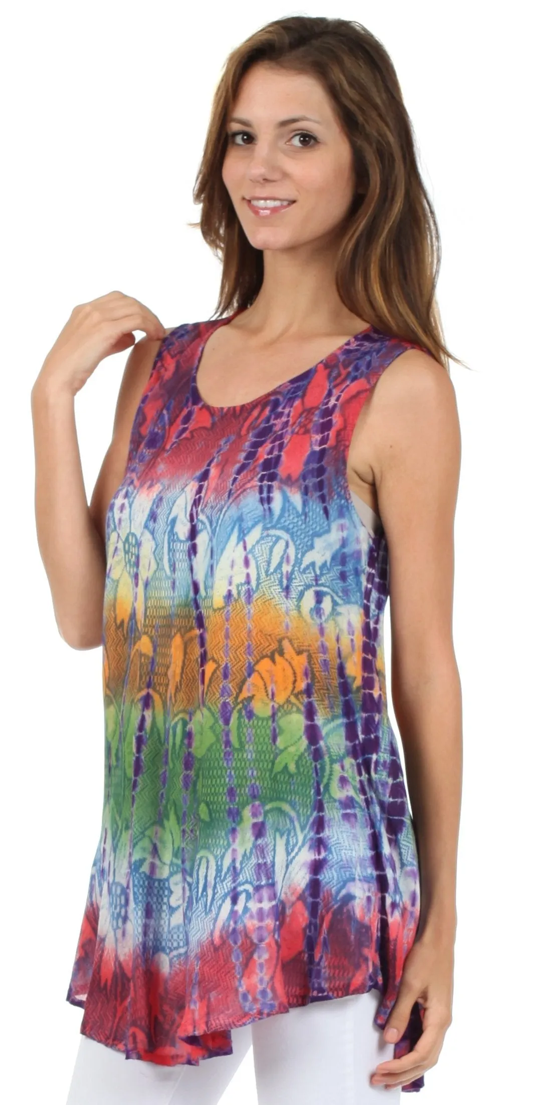 Sakkas Ombre Floral Tie Dye Flared Hem Sleeveless Rayon Tunic Blouse