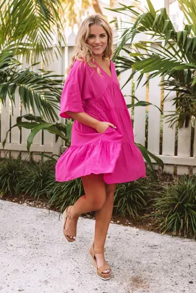 Santorini Swooning Babydoll Dress In Hot Pink