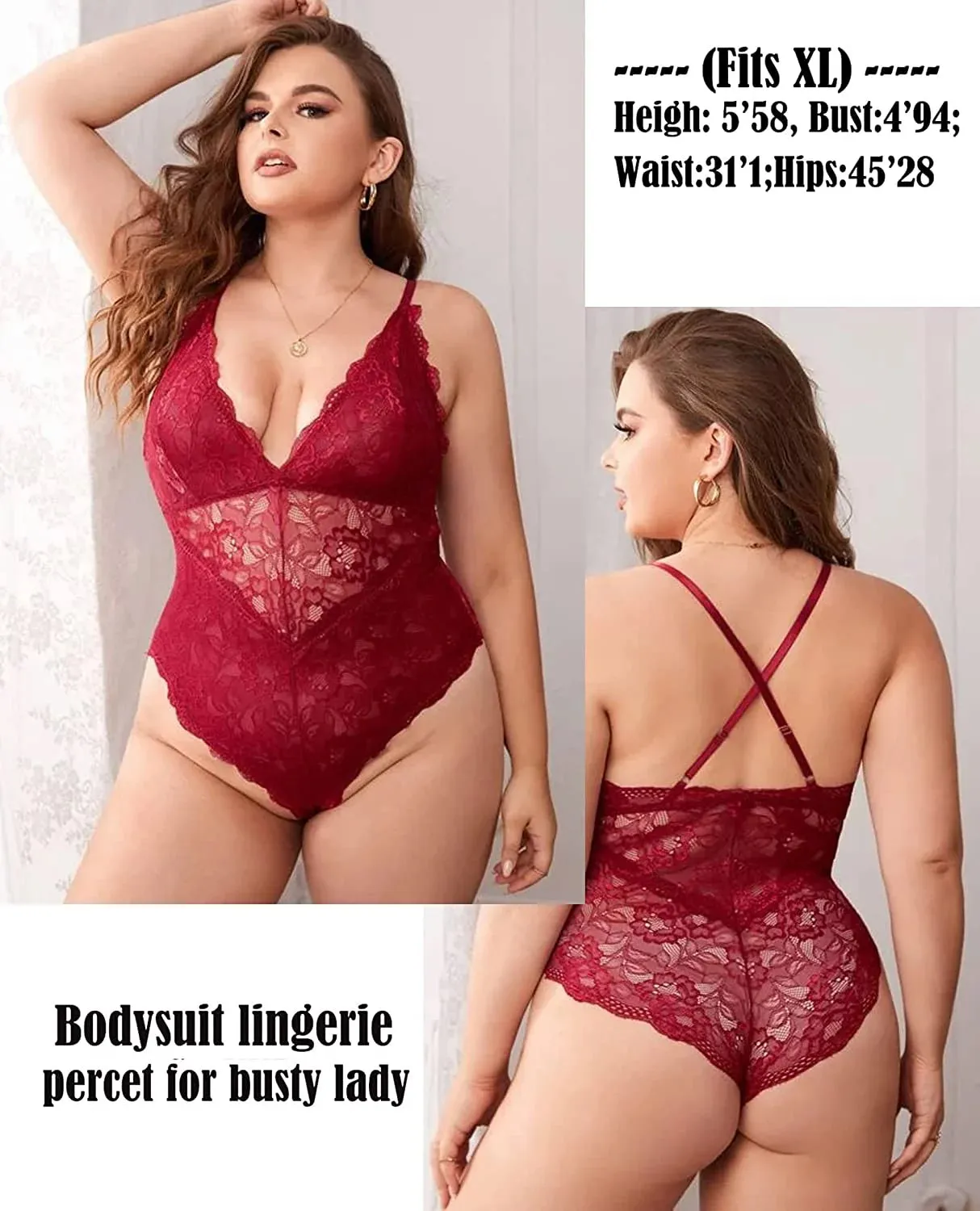 Seductive Dark Red One-Piece Bodysuit Teddy for Women - Plus Size XXL Babydoll Lingerie