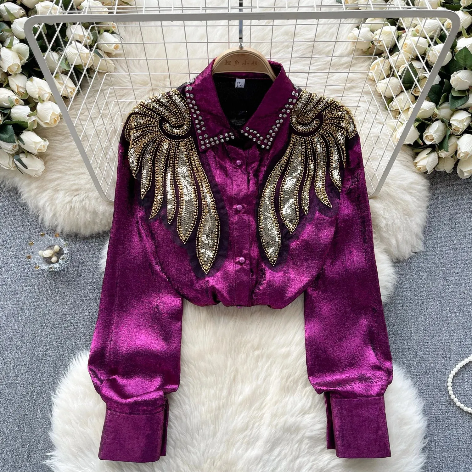 Sequined Wing Chiffon Shirt Blouse