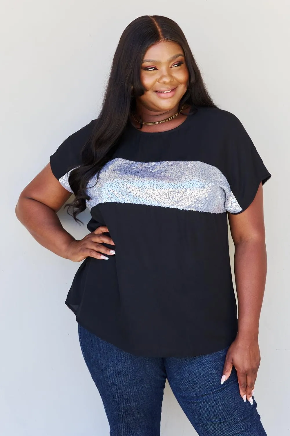 Sew In Love Shine Bright Full Size Center Mesh Sequin Top in Black/Silver