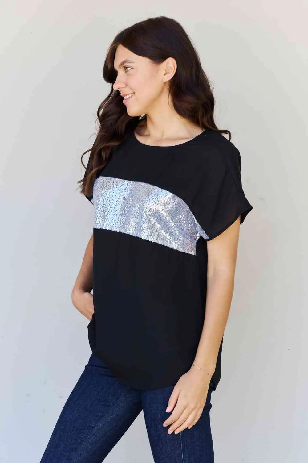 Shine Bright Full Size Center Mesh Sequin Top in Black/Silver