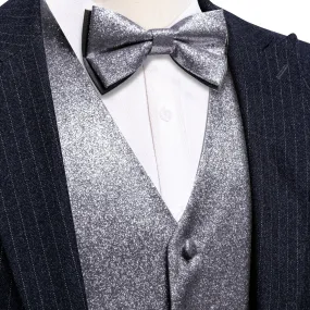 Shining Silver Solid Silk Men's Vest Bow Tie Set Waistcoat Suit Set