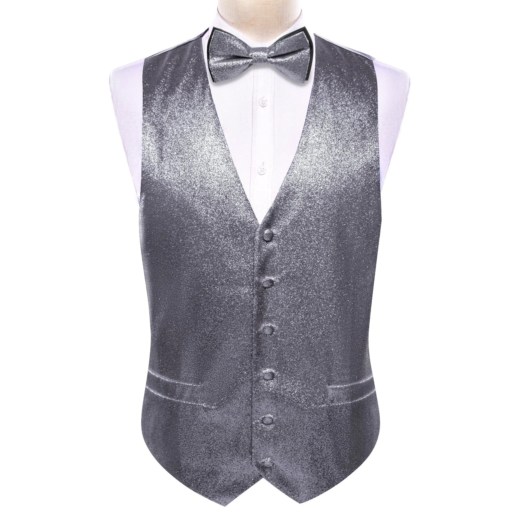 Shining Silver Solid Silk Men's Vest Bow Tie Set Waistcoat Suit Set