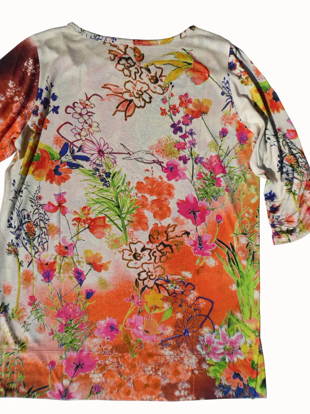 Silk Cotton Long 3/4 Sleeve Tee Orange Floral