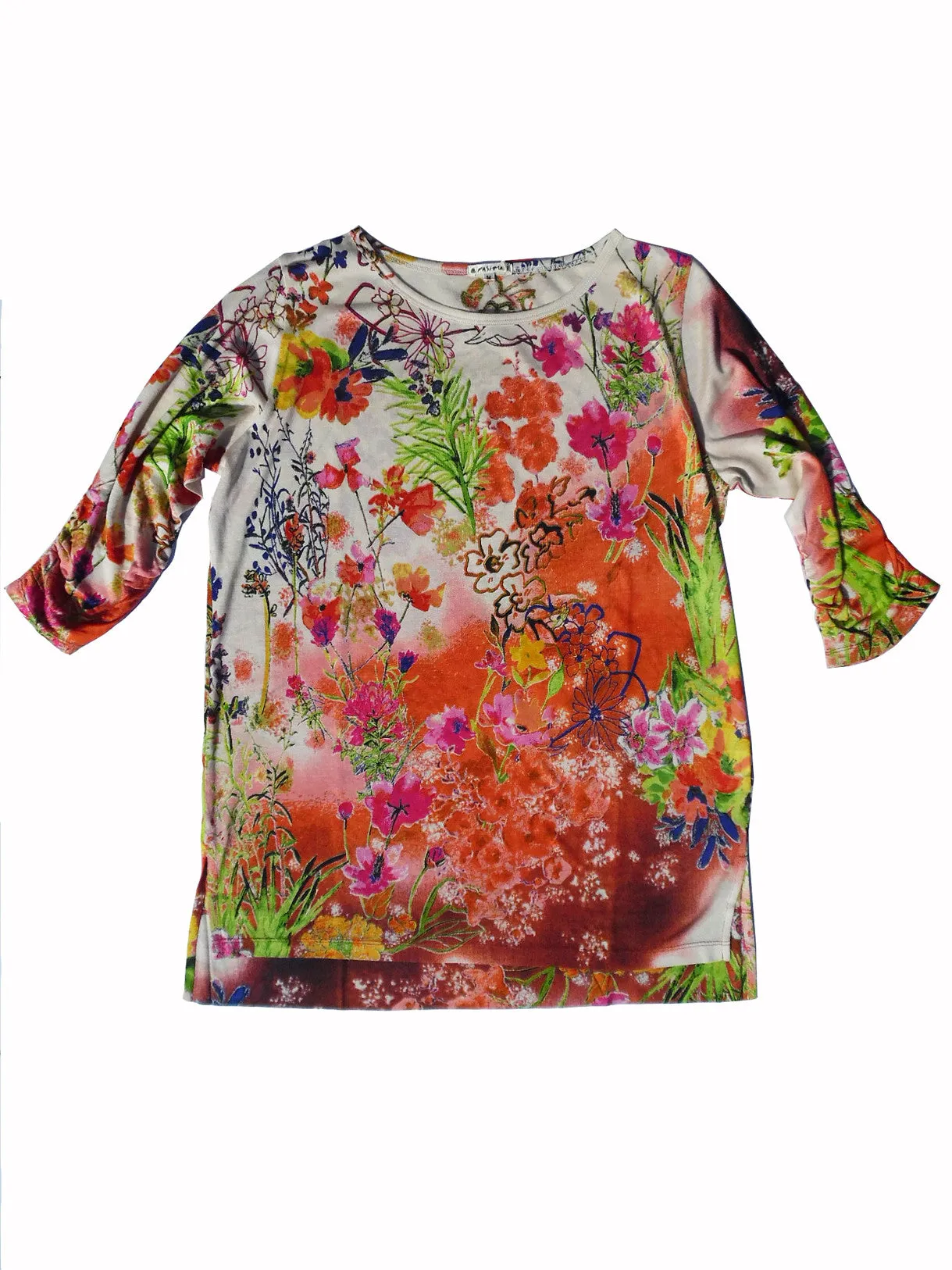 Silk Cotton Long 3/4 Sleeve Tee Orange Floral