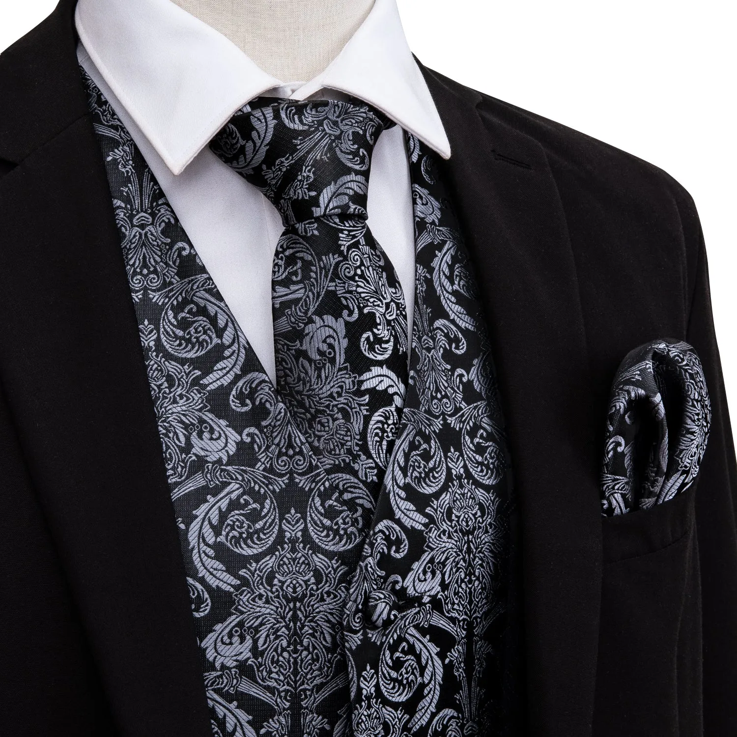 Silver Black Floral Jacquard Silk Men's Vest Hanky Cufflinks Tie Set